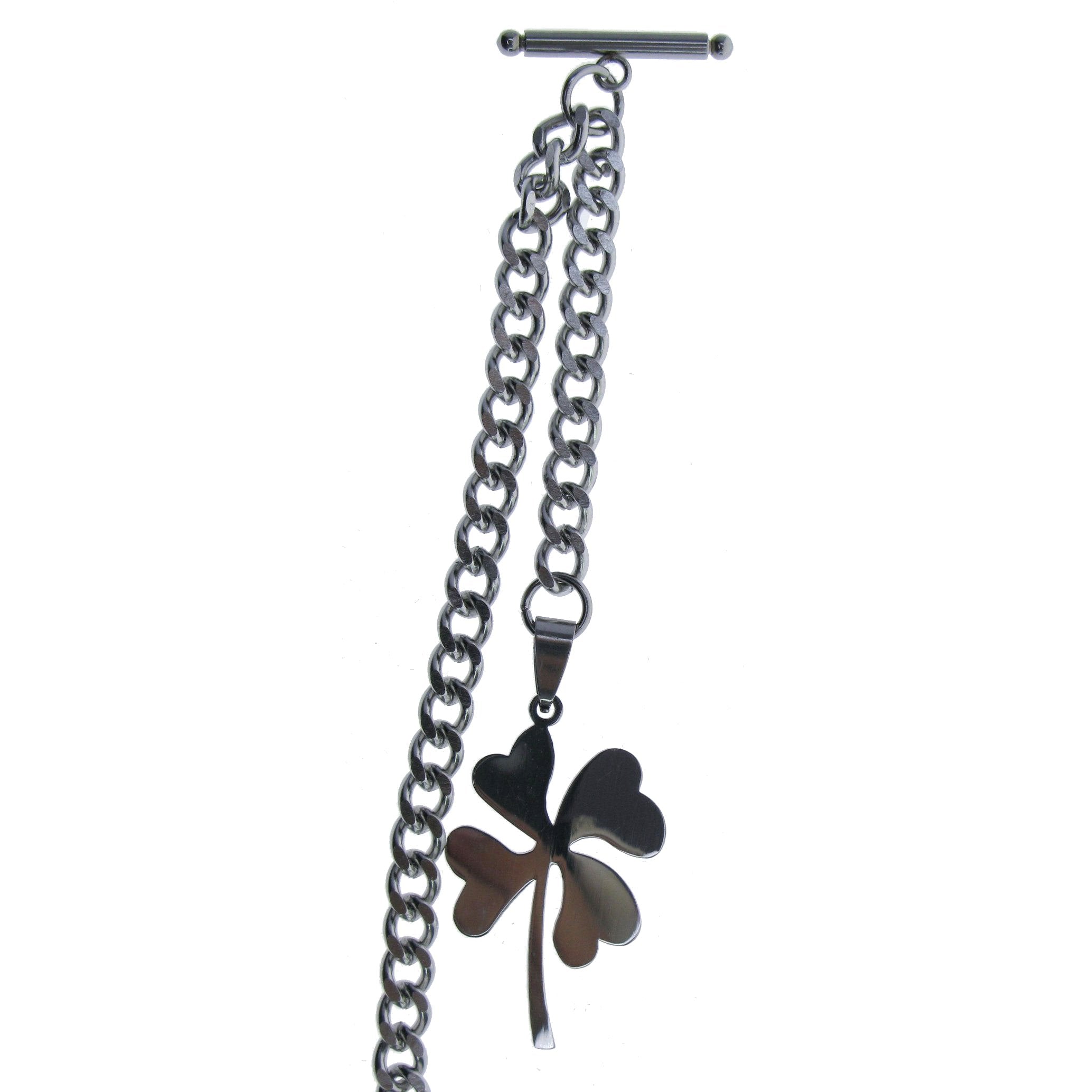 Albert Chain Pocket Watch Chains All Real Stainless Steel with T-Bar and Four-Leaf Clover Fob ACS15