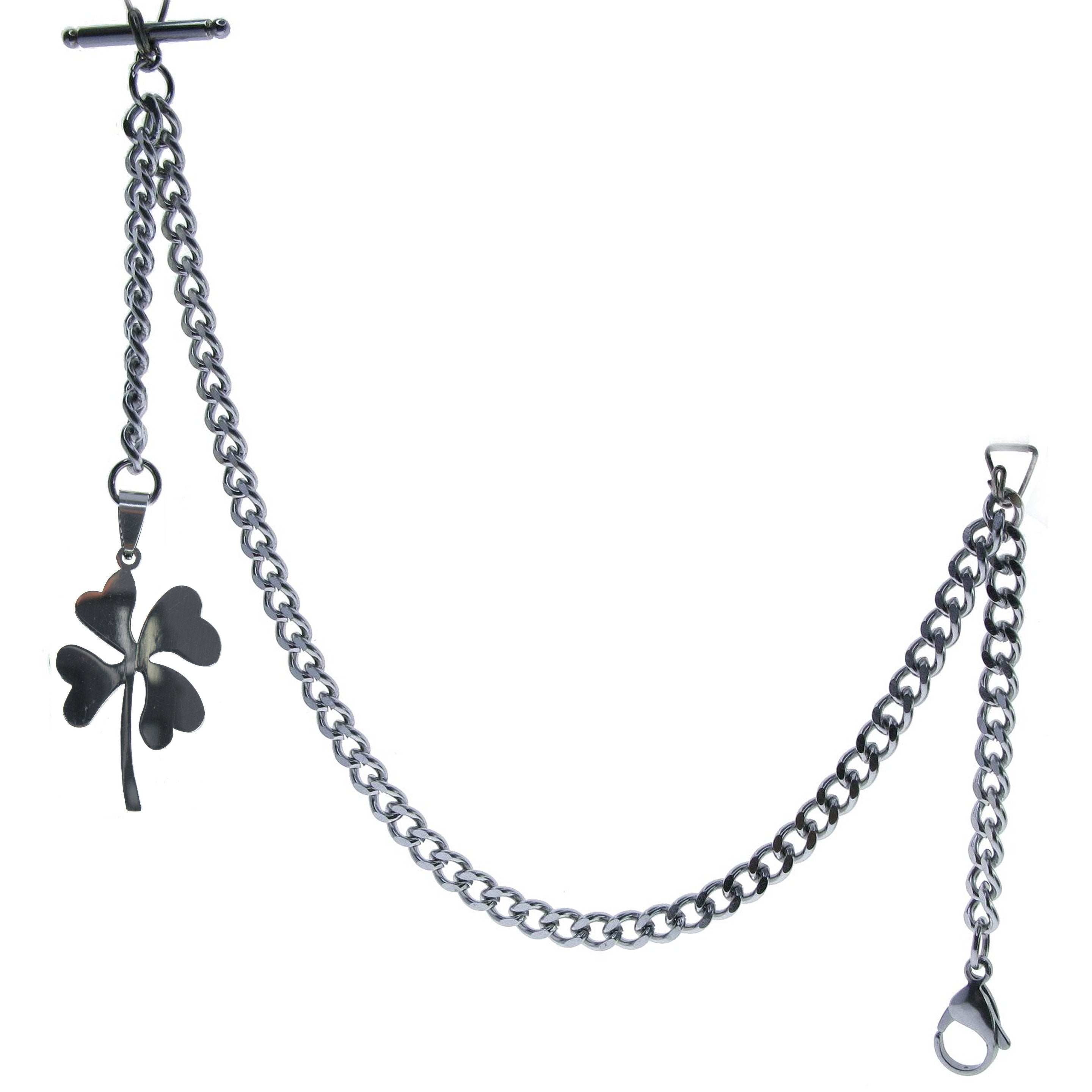 Albert Chain Pocket Watch Chains All Real Stainless Steel with T-Bar and Four-Leaf Clover Fob ACS15