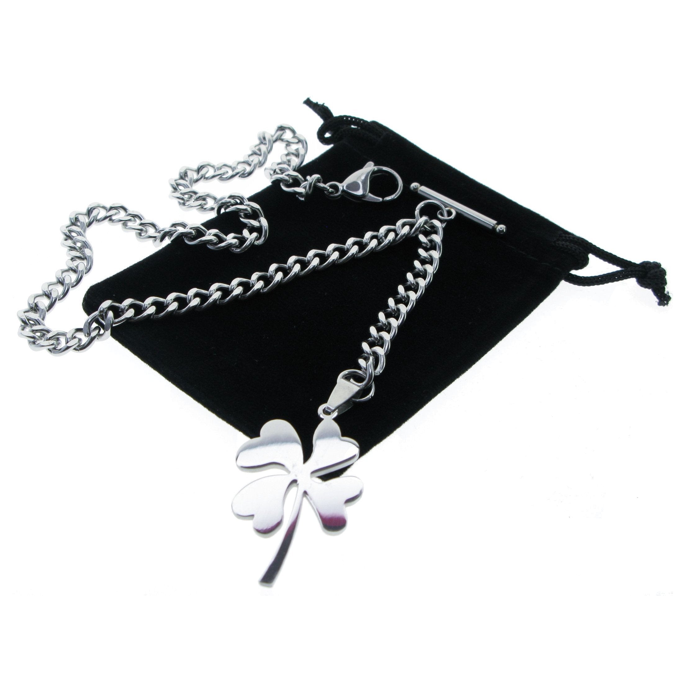 Albert Chain Pocket Watch Chains All Real Stainless Steel with T-Bar and Four-Leaf Clover Fob ACS15