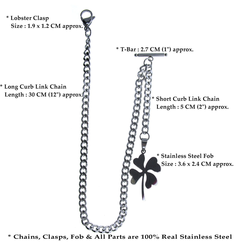 Albert Chain Pocket Watch Chains All Real Stainless Steel with T-Bar and Four-Leaf Clover Fob ACS15