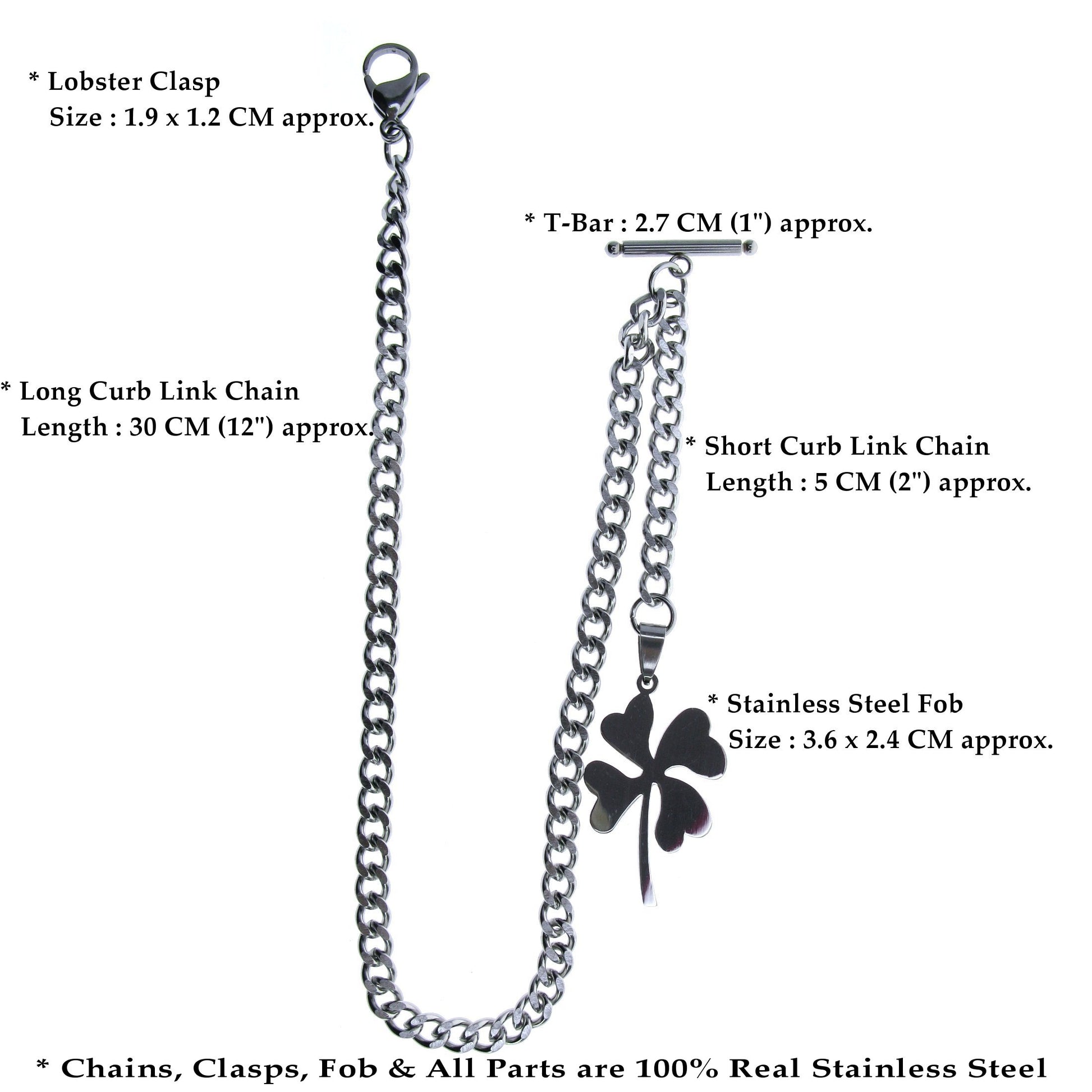 Albert Chain Pocket Watch Chains All Real Stainless Steel with T-Bar and Four-Leaf Clover Fob ACS15