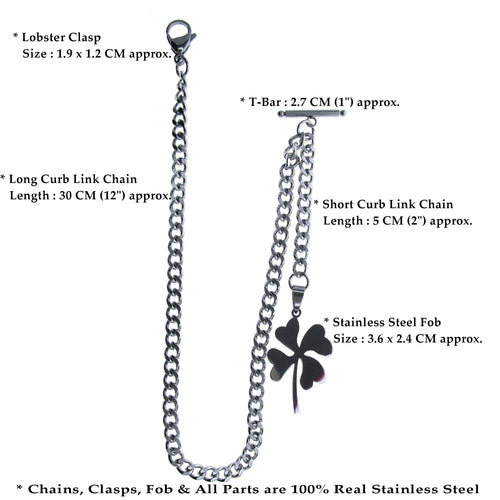 Albert Chain Pocket Watch Chains All Real Stainless Steel with T-Bar and Four-Leaf Clover Fob ACS15
