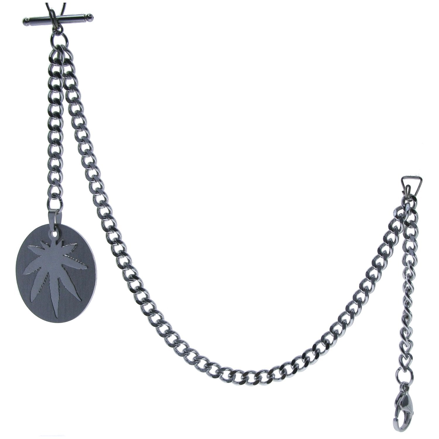 Albert Chain Pocket Watch Chains All Real Stainless Steel with T-Bar and Leaf Design Fob ACS16