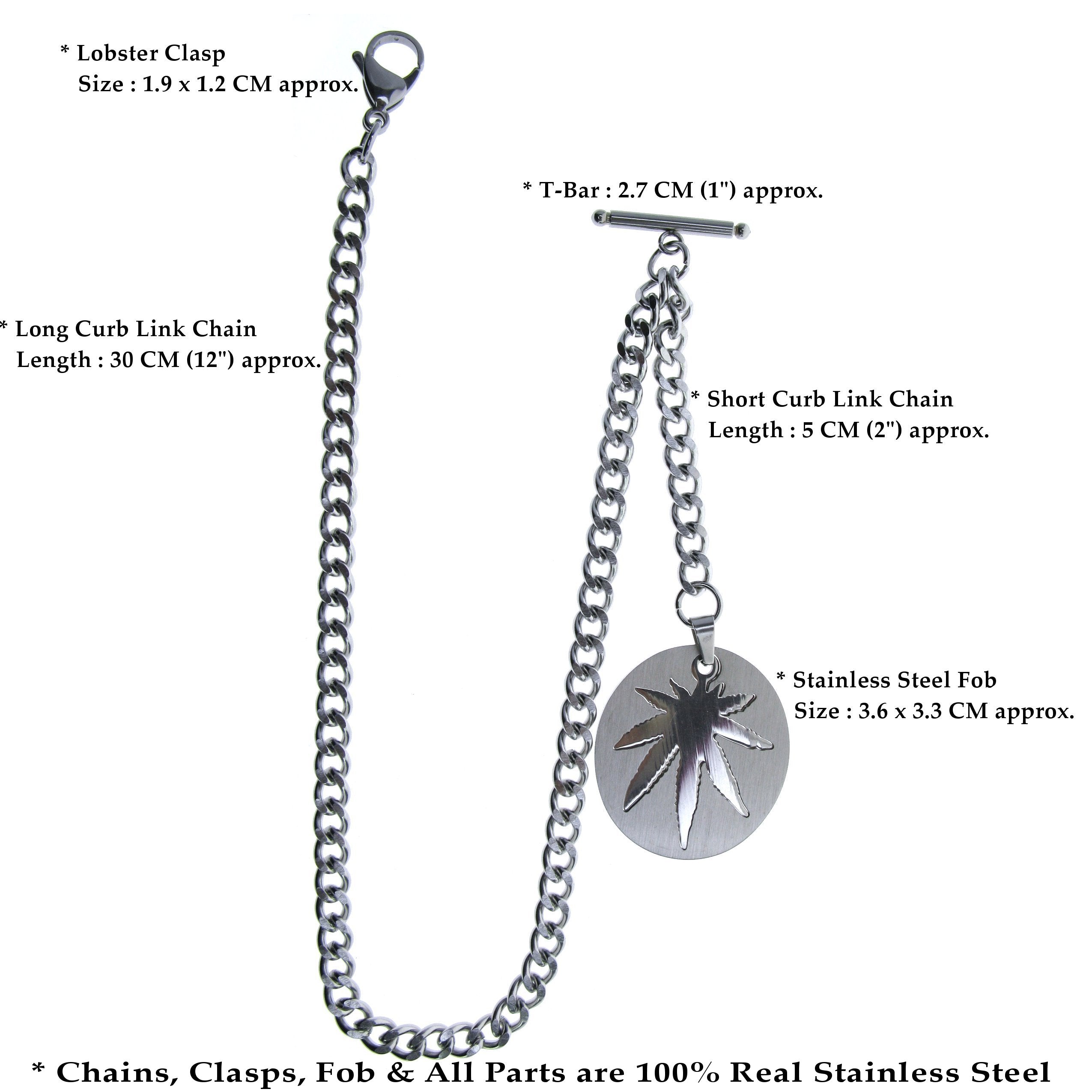 Albert Chain Pocket Watch Chains All Real Stainless Steel with T-Bar and Leaf Design Fob ACS16