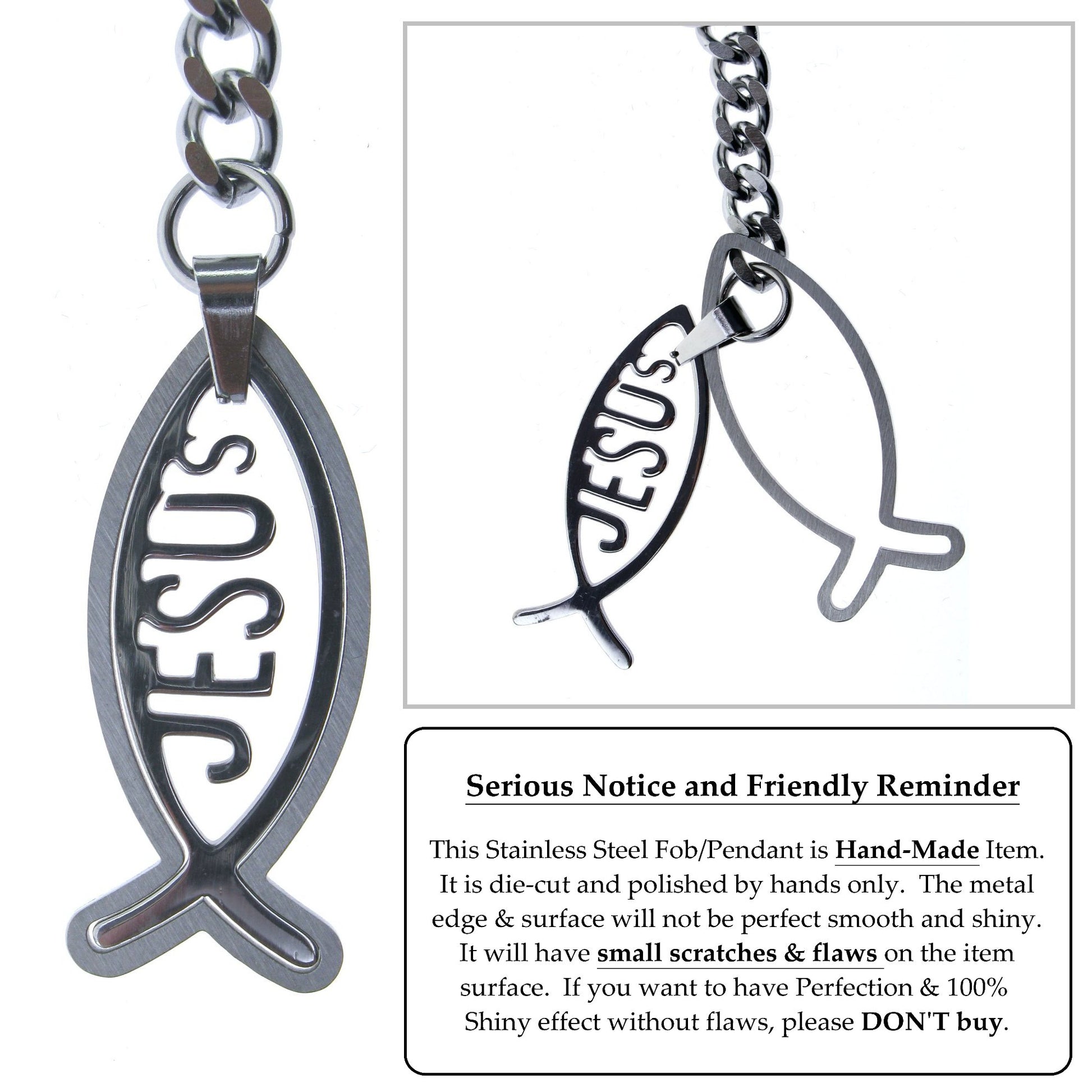 Albert Chain Pocket Watch Chains All Real Stainless Steel with T-Bar and Jesus Fish Fob ACS17
