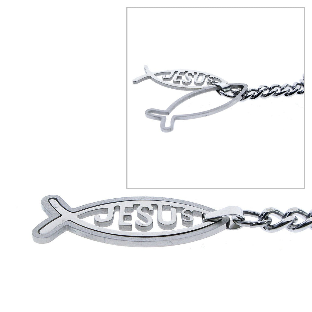Albert Chain Pocket Watch Chains All Real Stainless Steel with T-Bar and Jesus Fish Fob ACS17