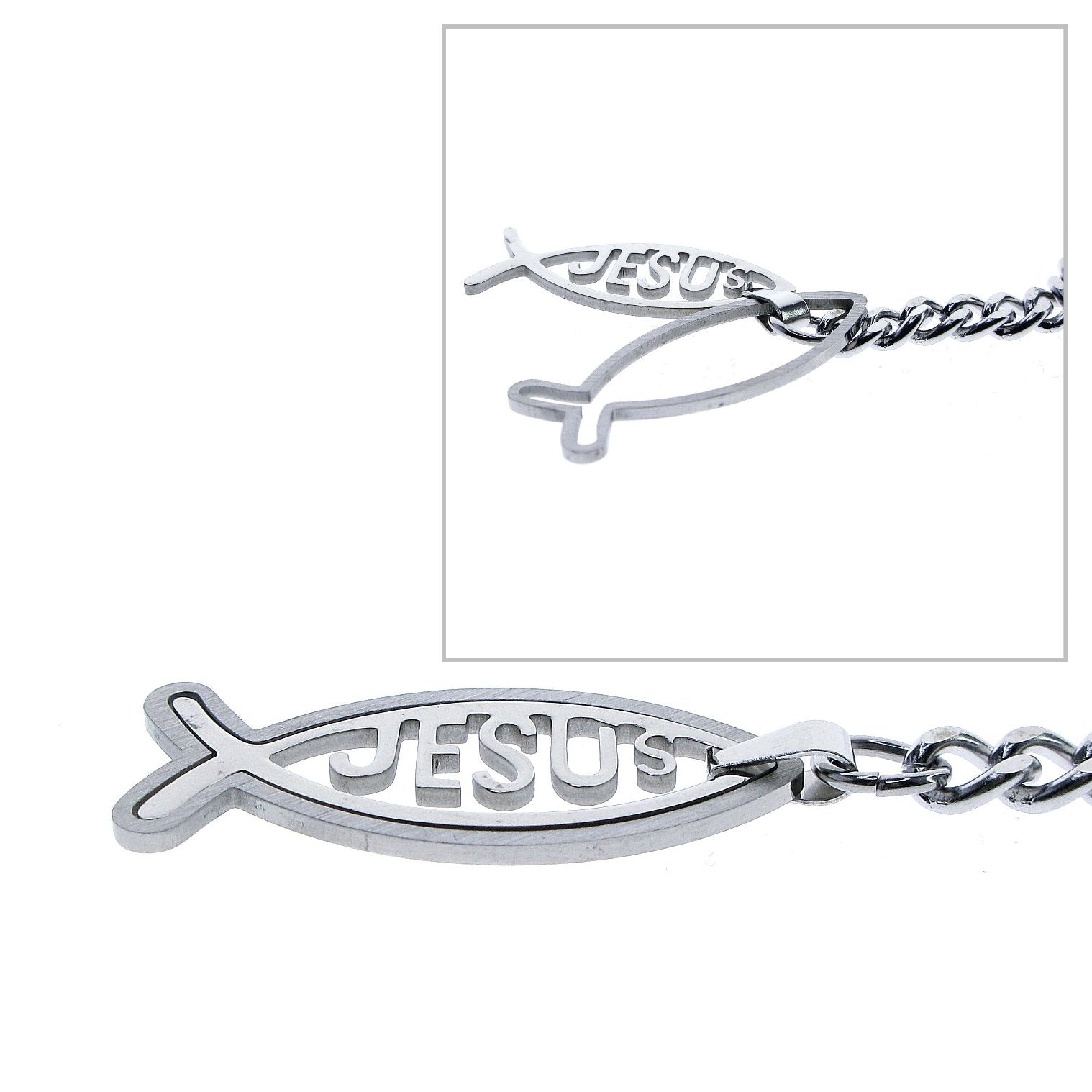 Albert Chain Pocket Watch Chains All Real Stainless Steel with T-Bar and Jesus Fish Fob ACS17