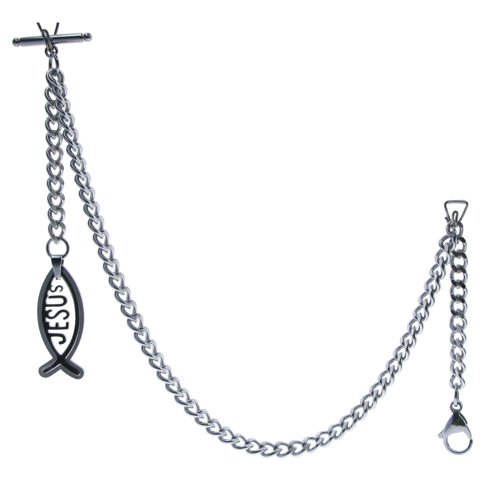 Albert Chain Pocket Watch Chains All Real Stainless Steel with T-Bar and Jesus Fish Fob ACS17