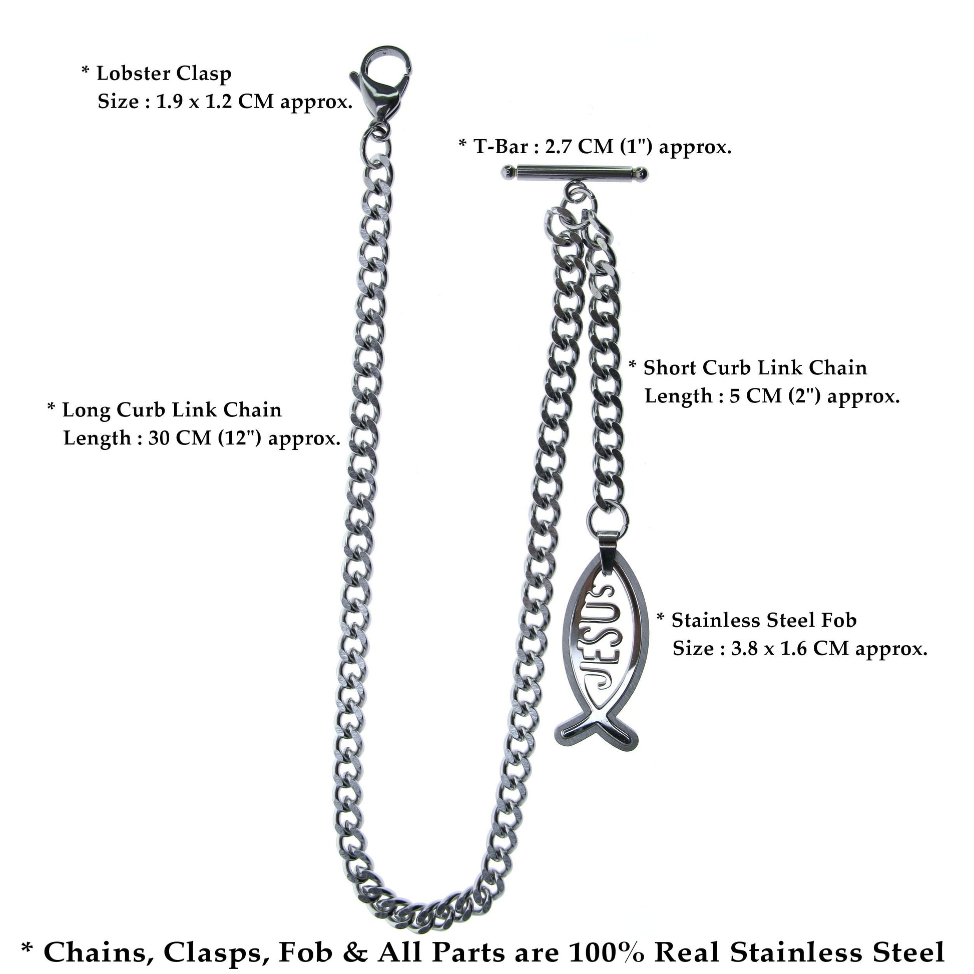 Albert Chain Pocket Watch Chains All Real Stainless Steel with T-Bar and Jesus Fish Fob ACS17