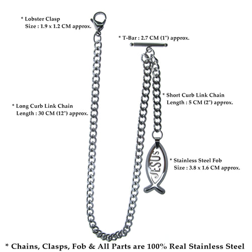 Albert Chain Pocket Watch Chains All Real Stainless Steel with T-Bar and Jesus Fish Fob ACS17
