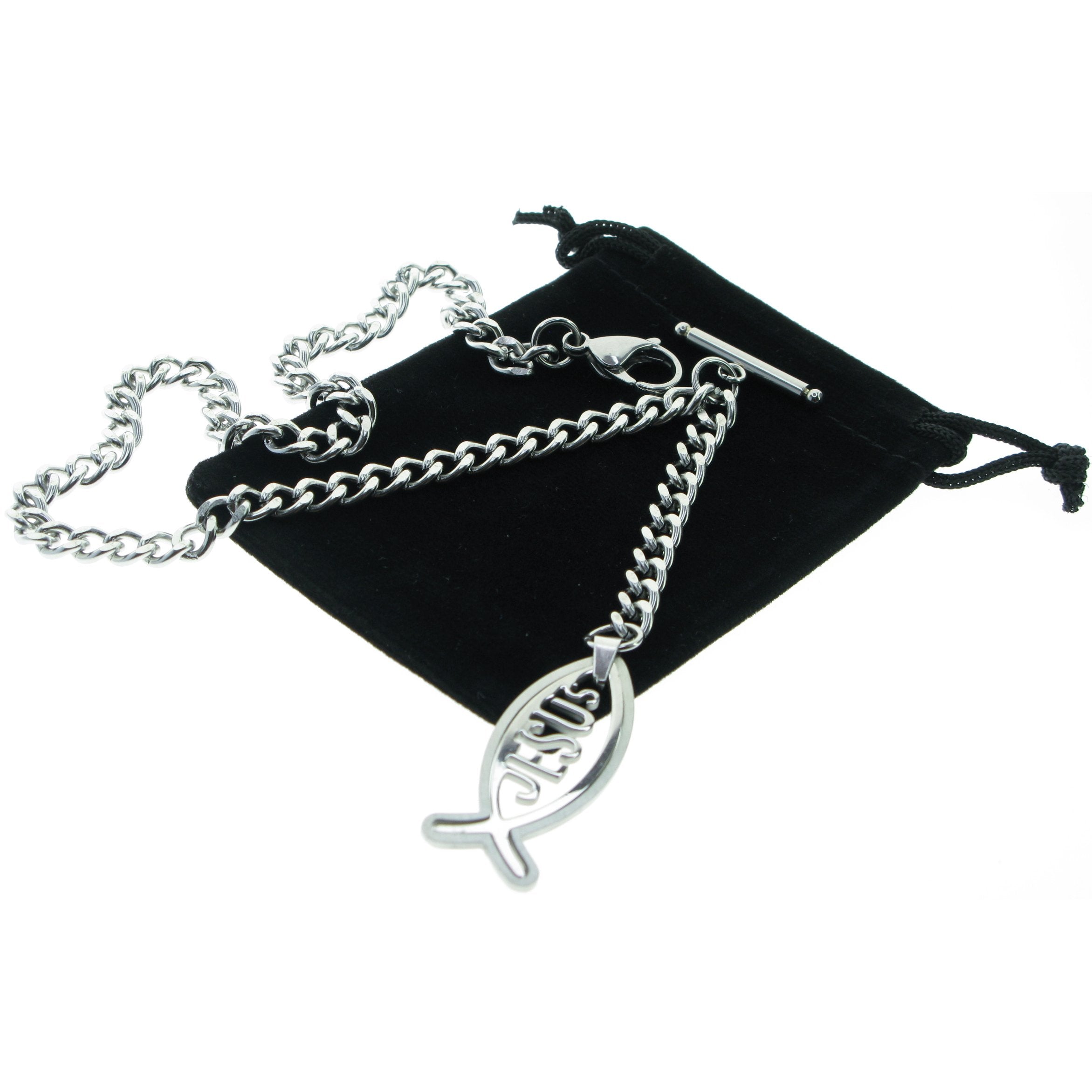 Albert Chain Pocket Watch Chains All Real Stainless Steel with T-Bar and Jesus Fish Fob ACS17