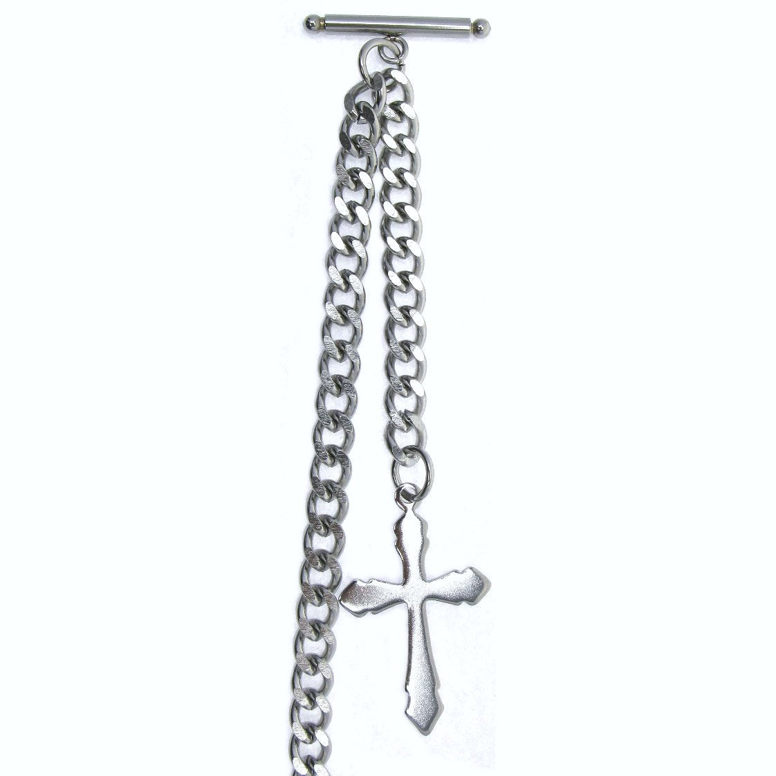 Albert Chain Stainless Steel Pocket Watch Chains for Men Wholly Steel T-Bar Lobster Clasp and Religious Cross Fob ACS18A