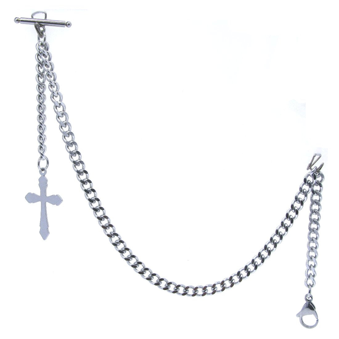 Albert Chain Stainless Steel Pocket Watch Chains for Men Wholly Steel T-Bar Lobster Clasp and Religious Cross Fob ACS18A