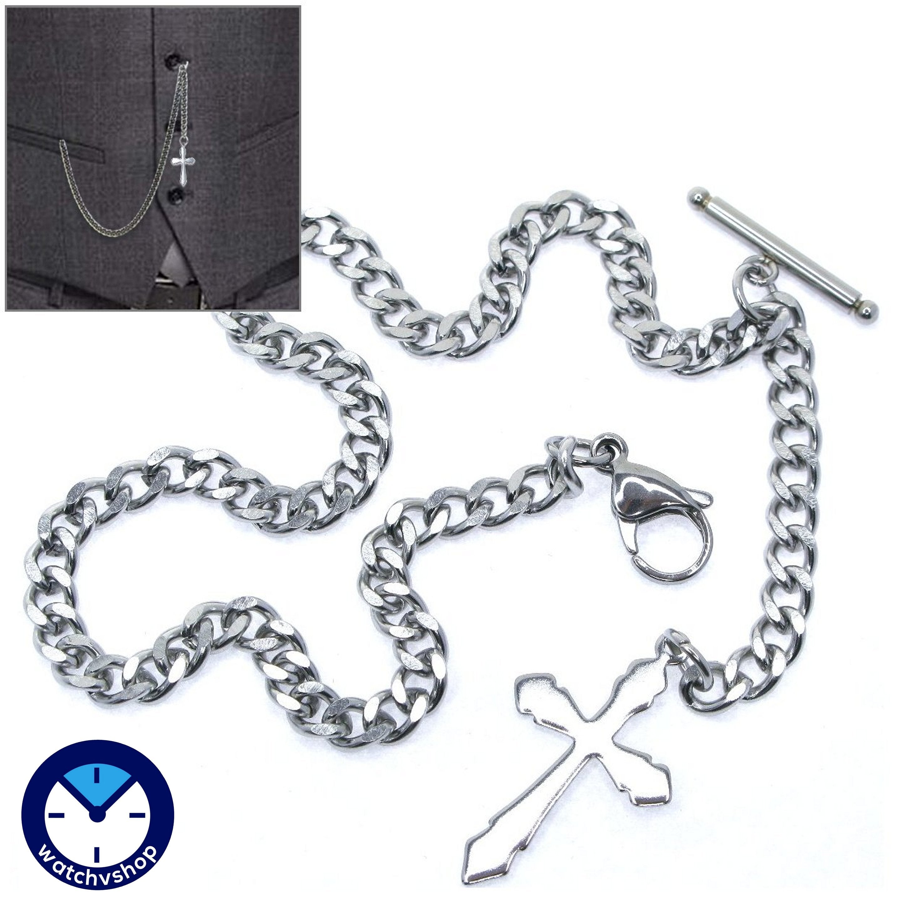Albert Chain Stainless Steel Pocket Watch Chains for Men Wholly Steel T-Bar Lobster Clasp and Religious Cross Fob ACS18A