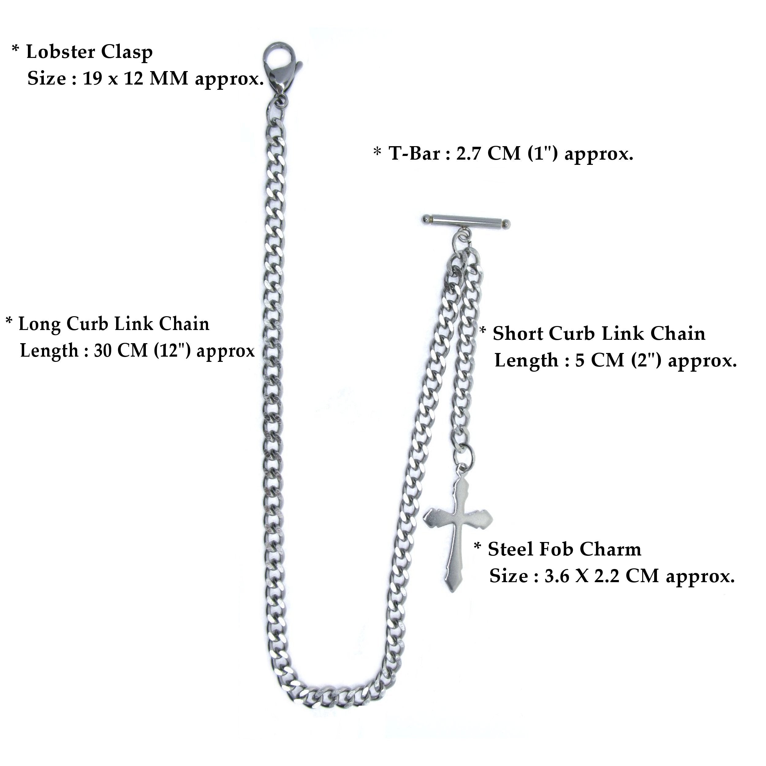 Albert Chain Stainless Steel Pocket Watch Chains for Men Wholly Steel T-Bar Lobster Clasp and Religious Cross Fob ACS18A