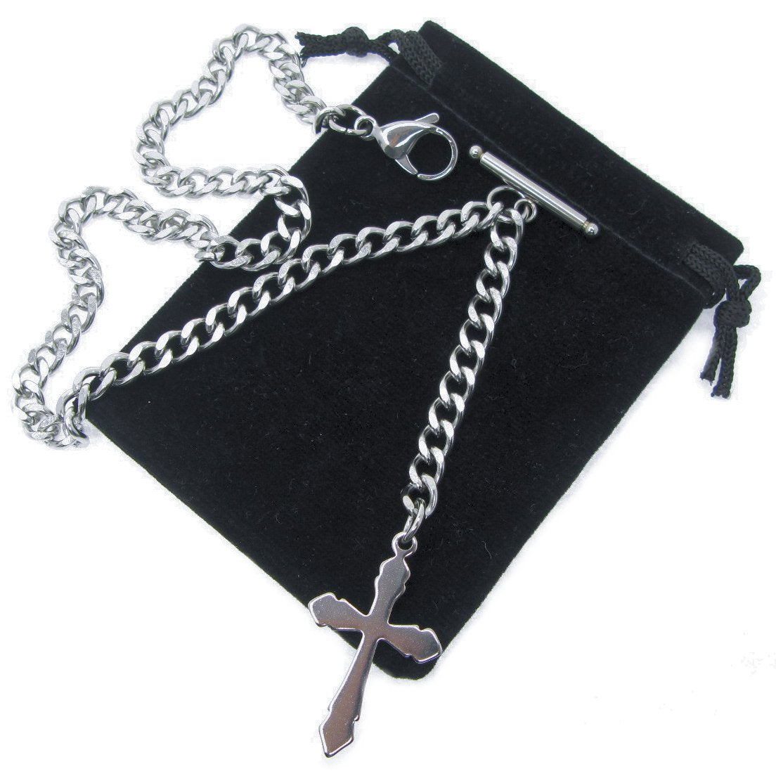 Albert Chain Stainless Steel Pocket Watch Chains for Men Wholly Steel T-Bar Lobster Clasp and Religious Cross Fob ACS18A