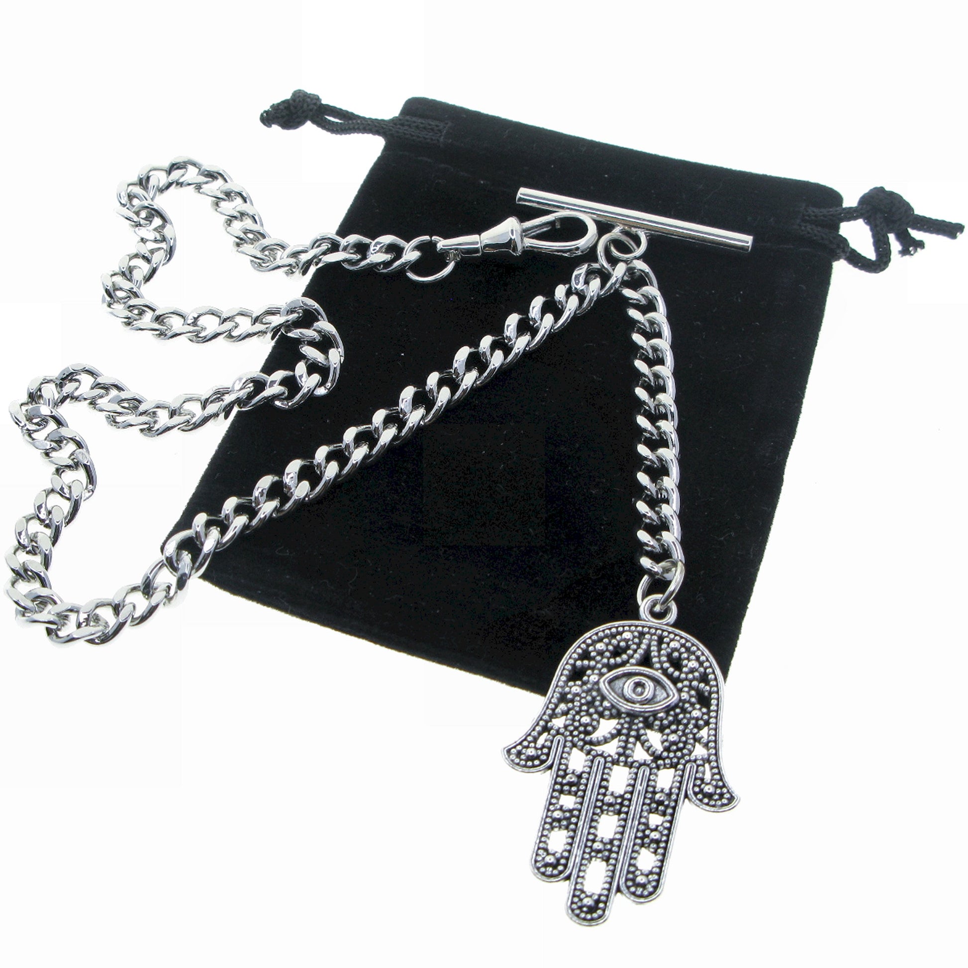 watchvshop Albert Chain Silver Color Pocket Watch Fob with Hamsa Hand of Fatima Design Medal T Bar Swivel Clasp AC217