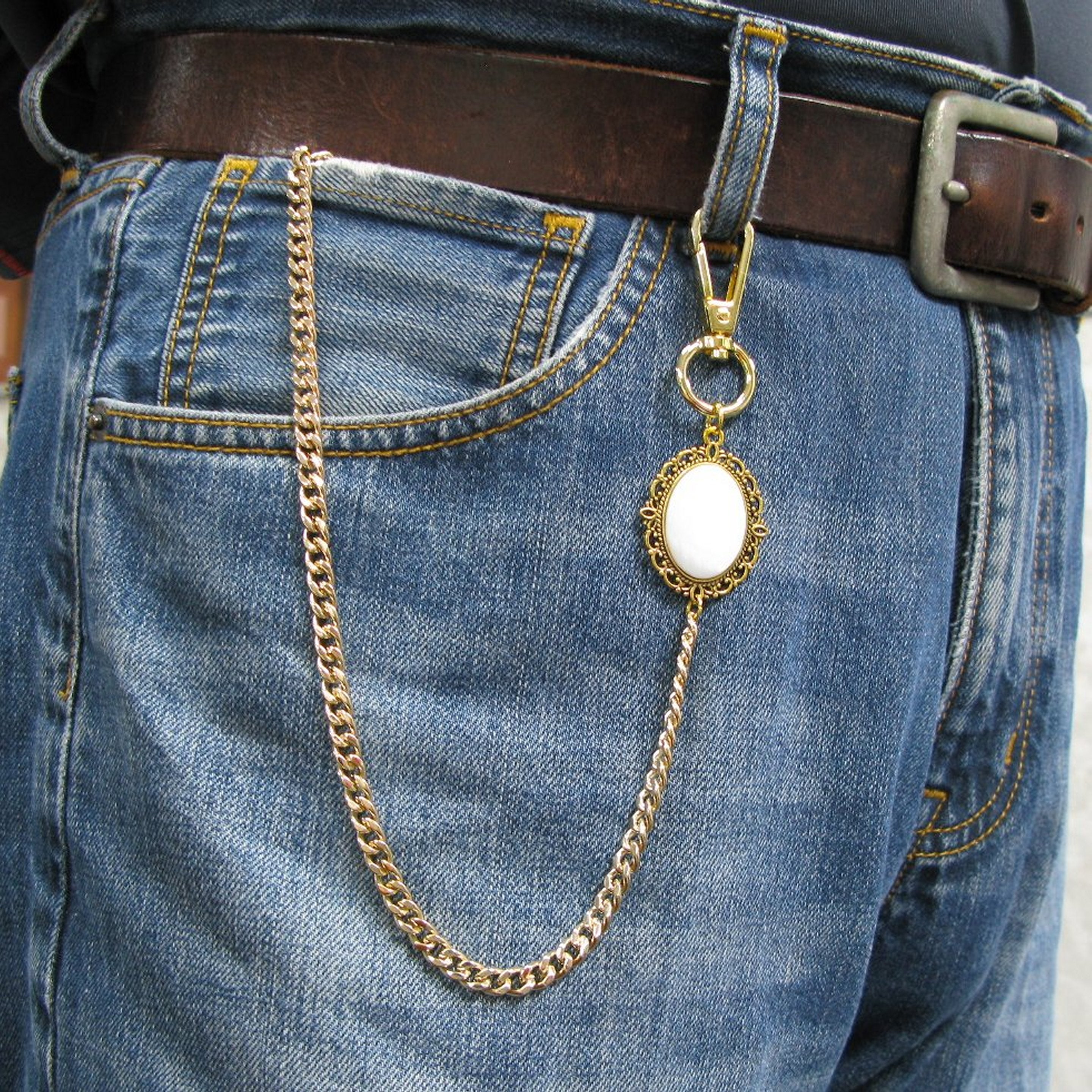 Pocket Watch Chain Gold Albert Chain for Men with Mother of Pearl Fob and Large Lobster Clasp Swivel Clasp ACF161A