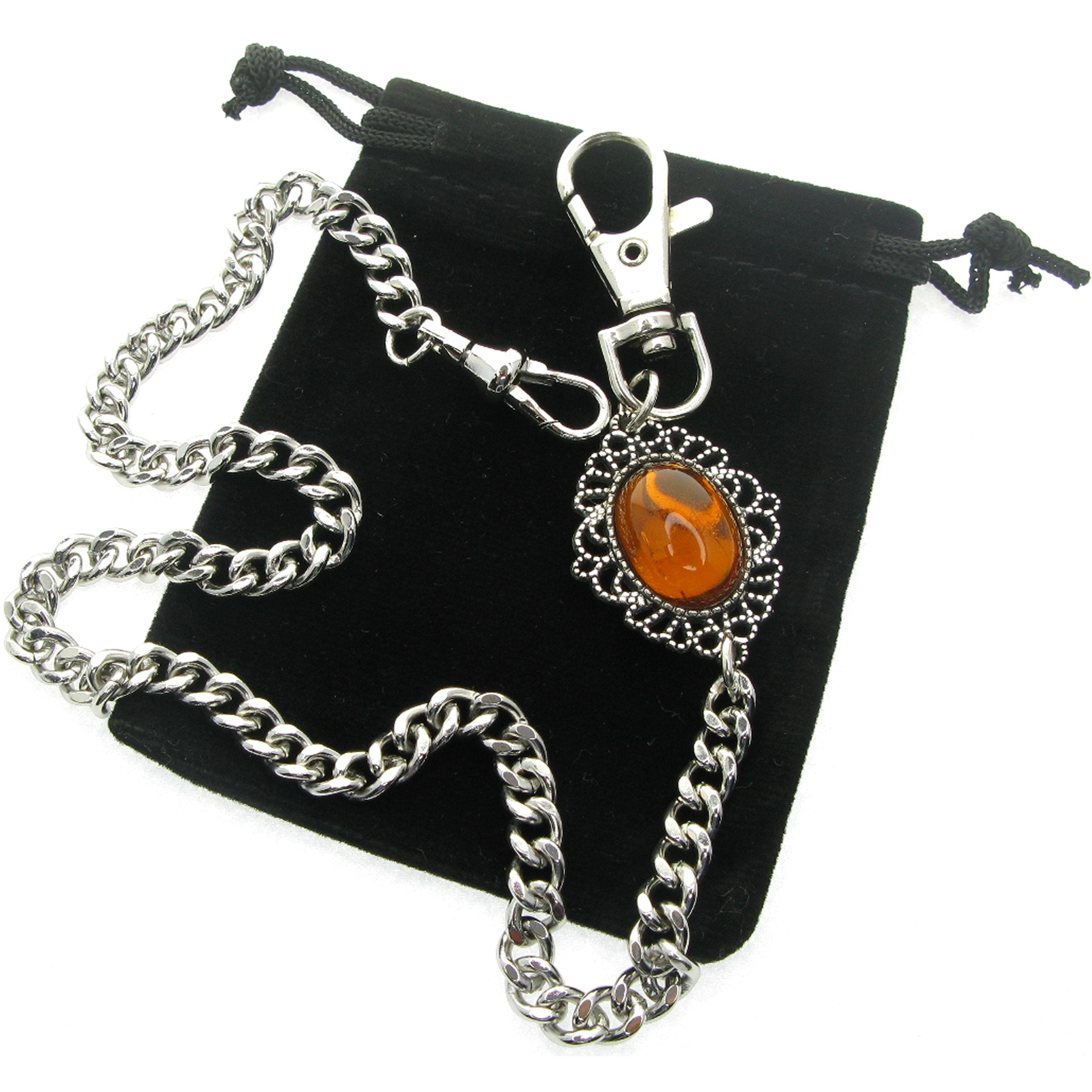 Pocket Watch Chain Silver Color Albert Chain for Men with Oval Shape Brown Resin Epoxy Crystal Fob and Large Lobster Clasp Swivel Clasp ACF164