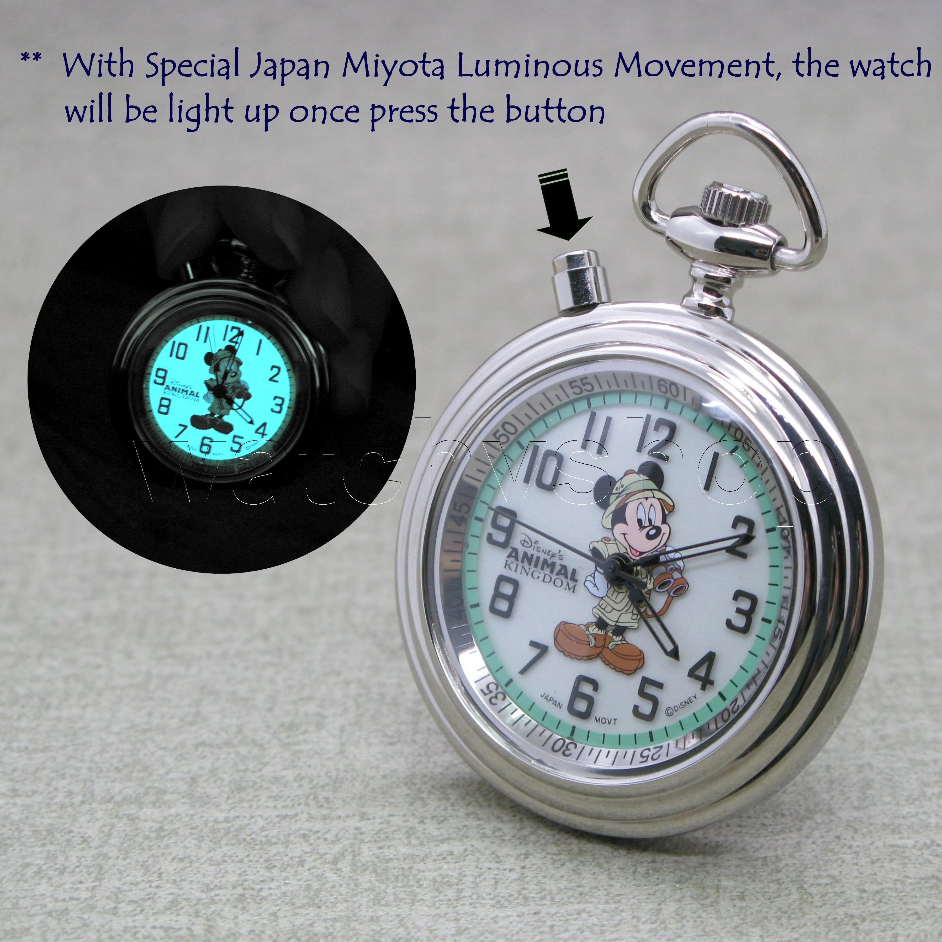 Antique Mickey Mouse Pocket Watch with Luminous Dial and Pouch C59