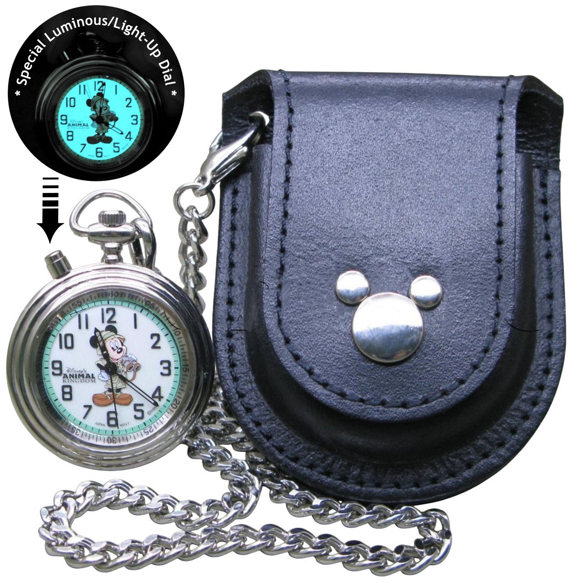 Antique Mickey Mouse Pocket Watch with Luminous Dial Chain Brown Color Pouch C59