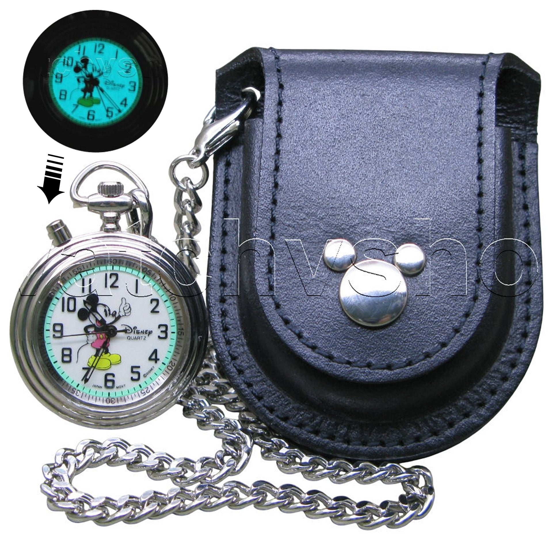 Vintage Mickey Mouse Pocket Watch with Luminous Dial Chain Black Color Pouch C60