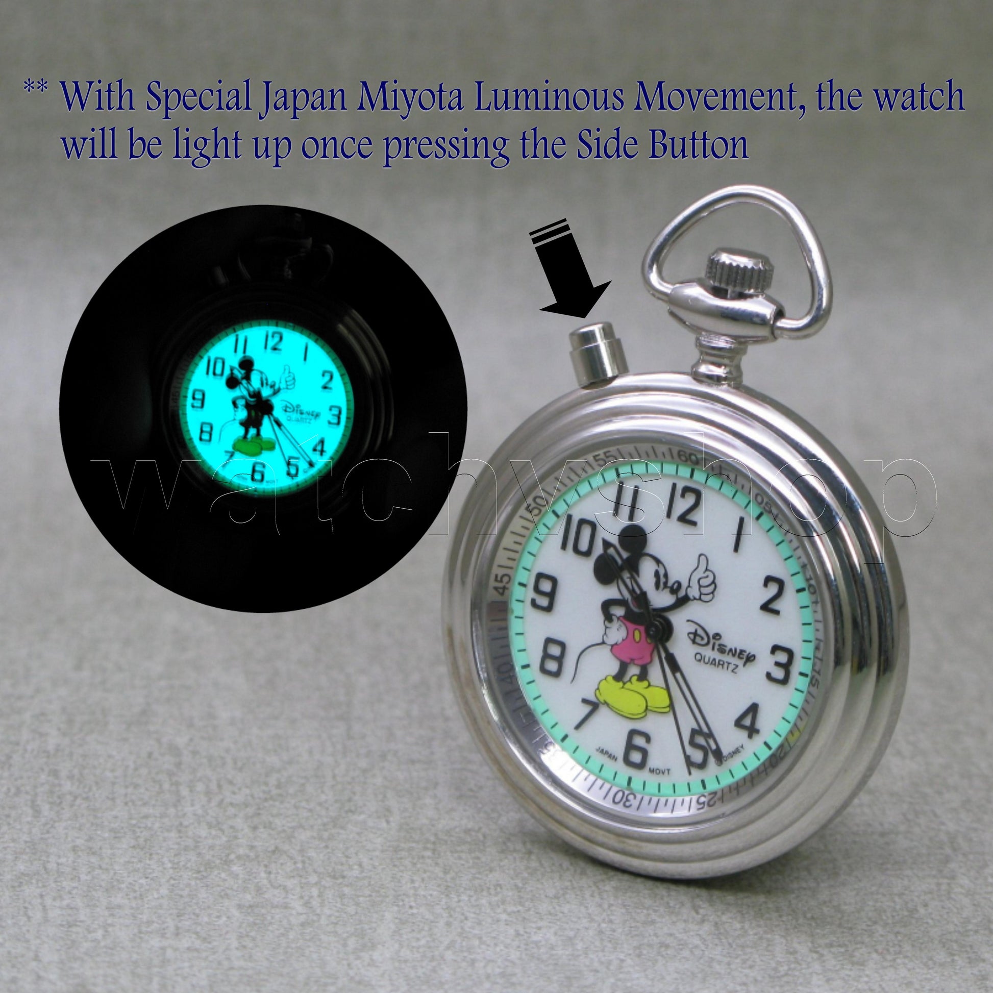 Vintage Mickey Mouse Pocket Watch with Luminous Dial Chain Black Color Pouch C60