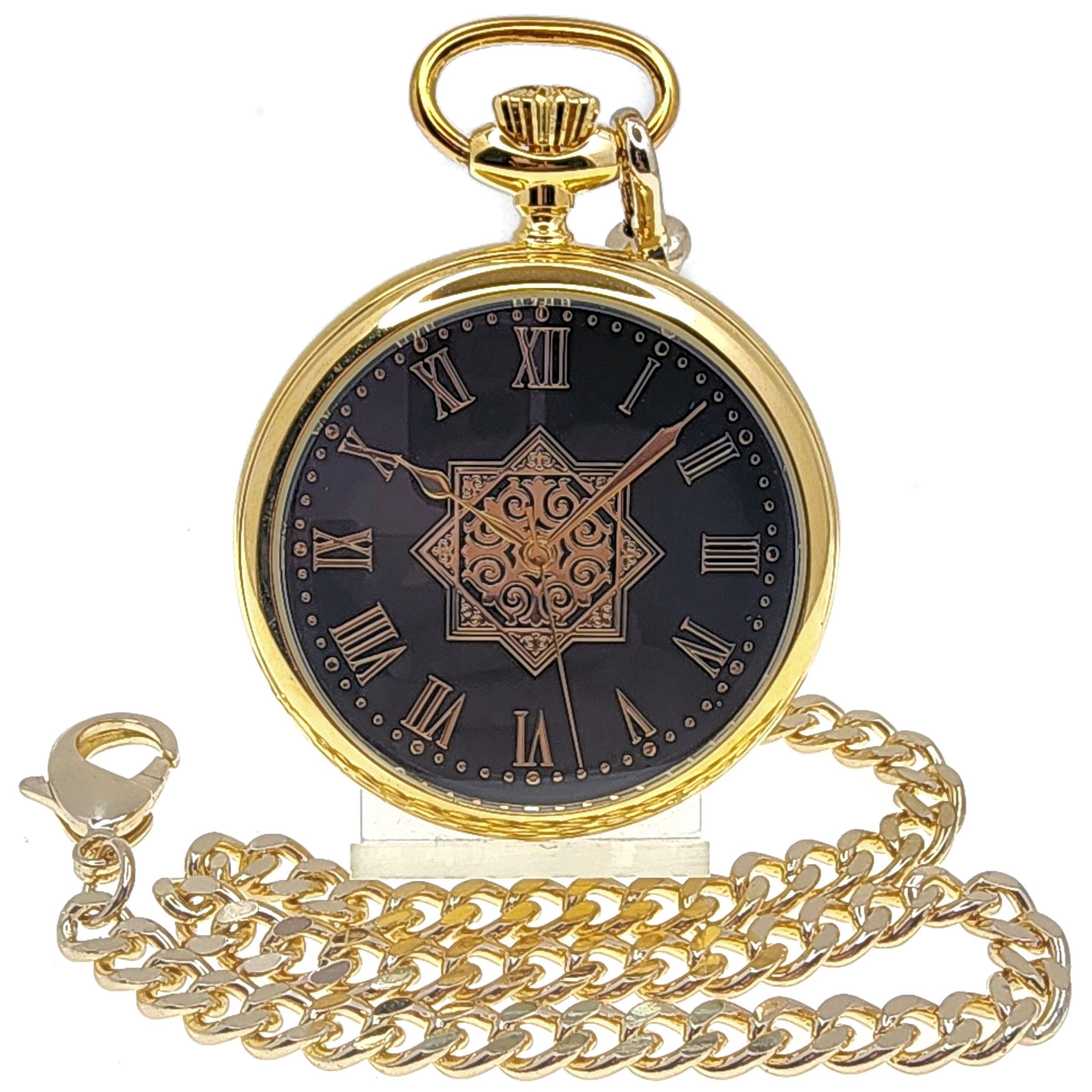 Gold Pocket Watch Black Dial with Chain