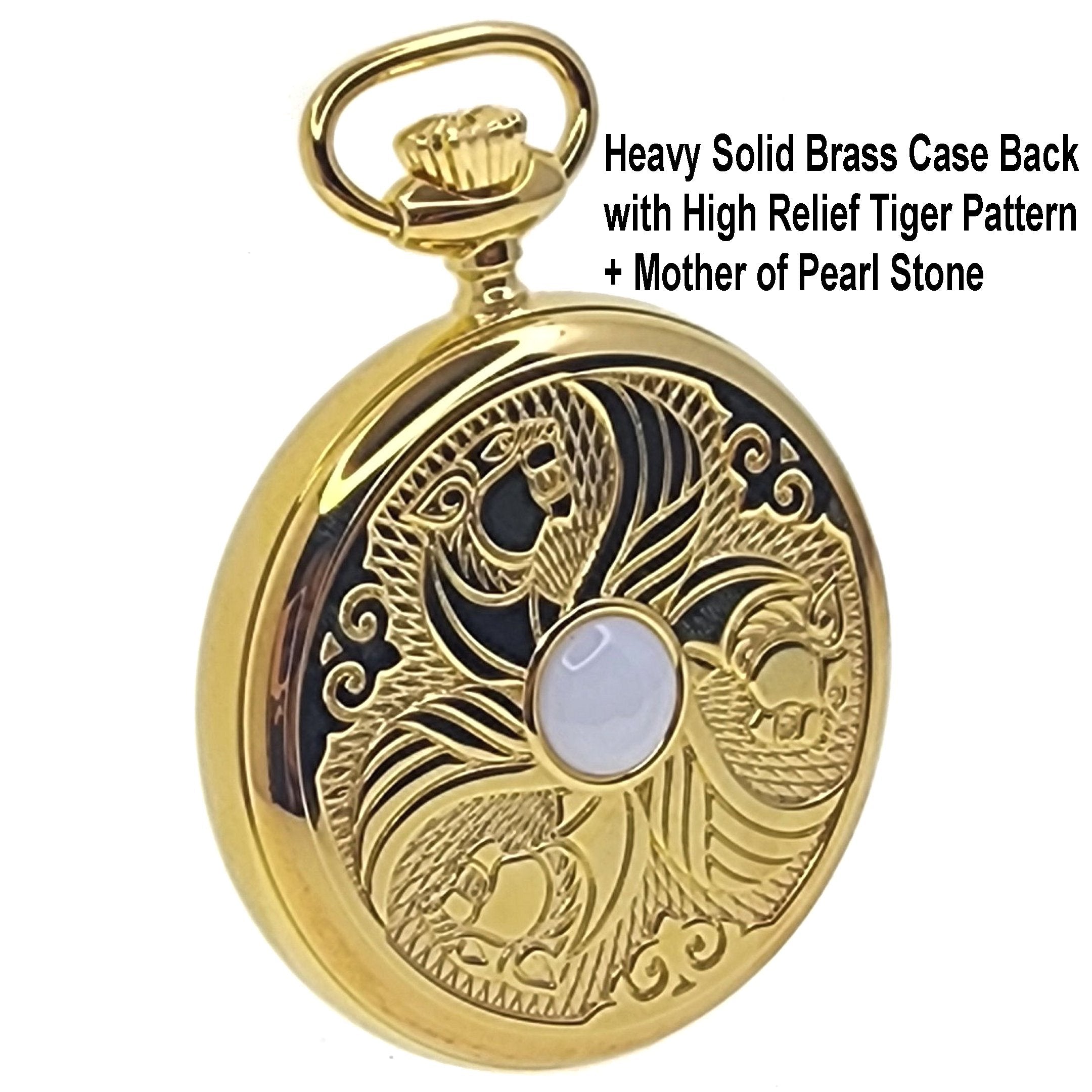 Gold Pocket Watch Deep Embossed Tiger Case and decorated with MOP stone