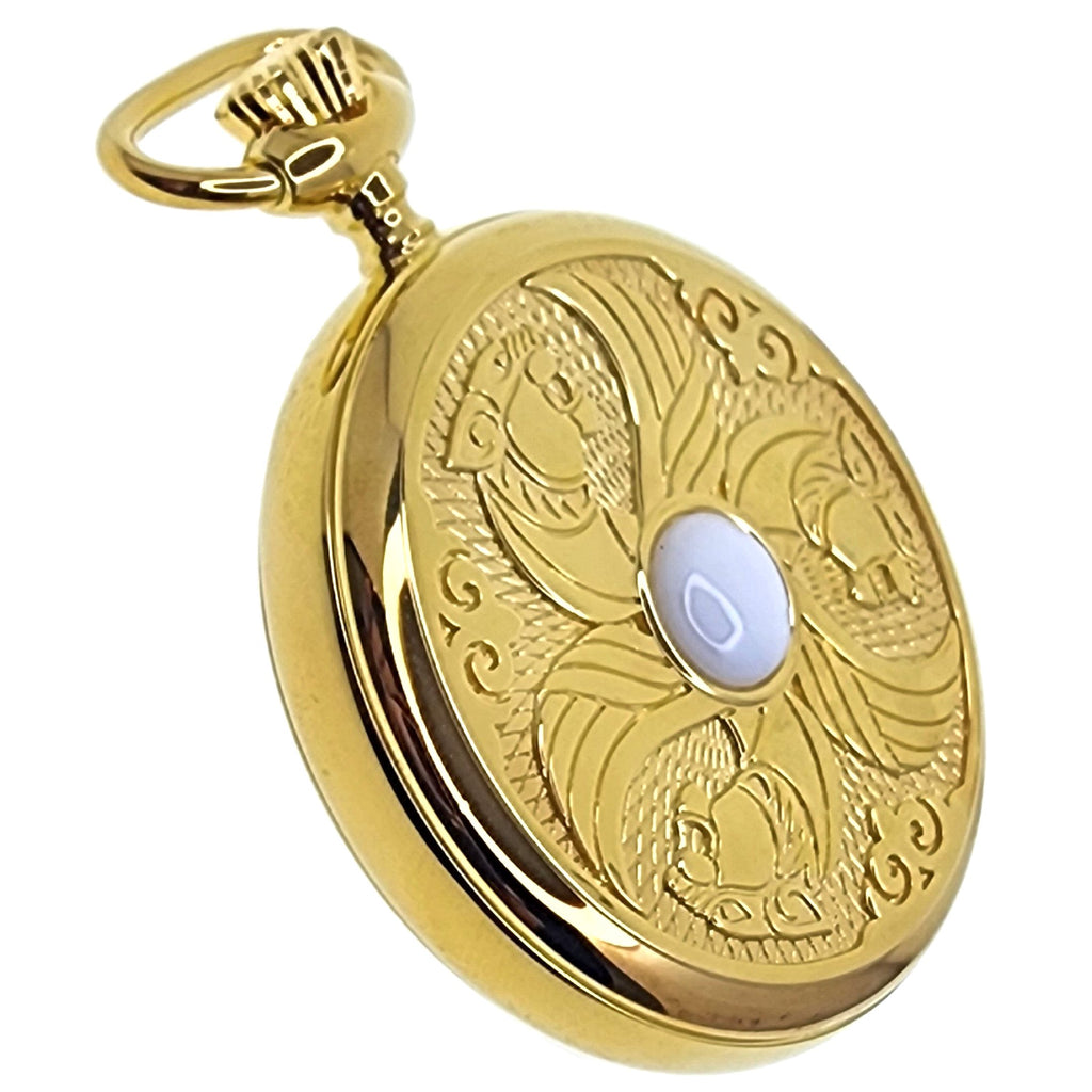 Gold Pocket Watch Embossed Tiger Back and with MOP stone