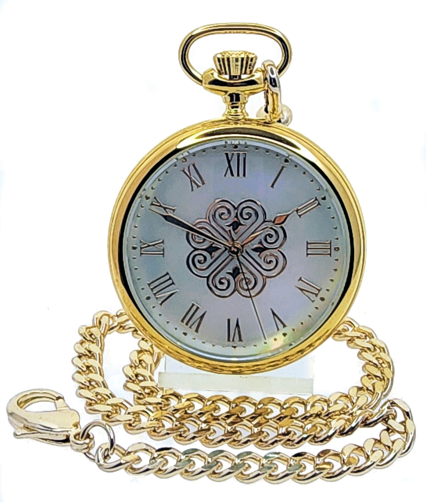 Gold Pocket Watch White MOP Dial with Chain