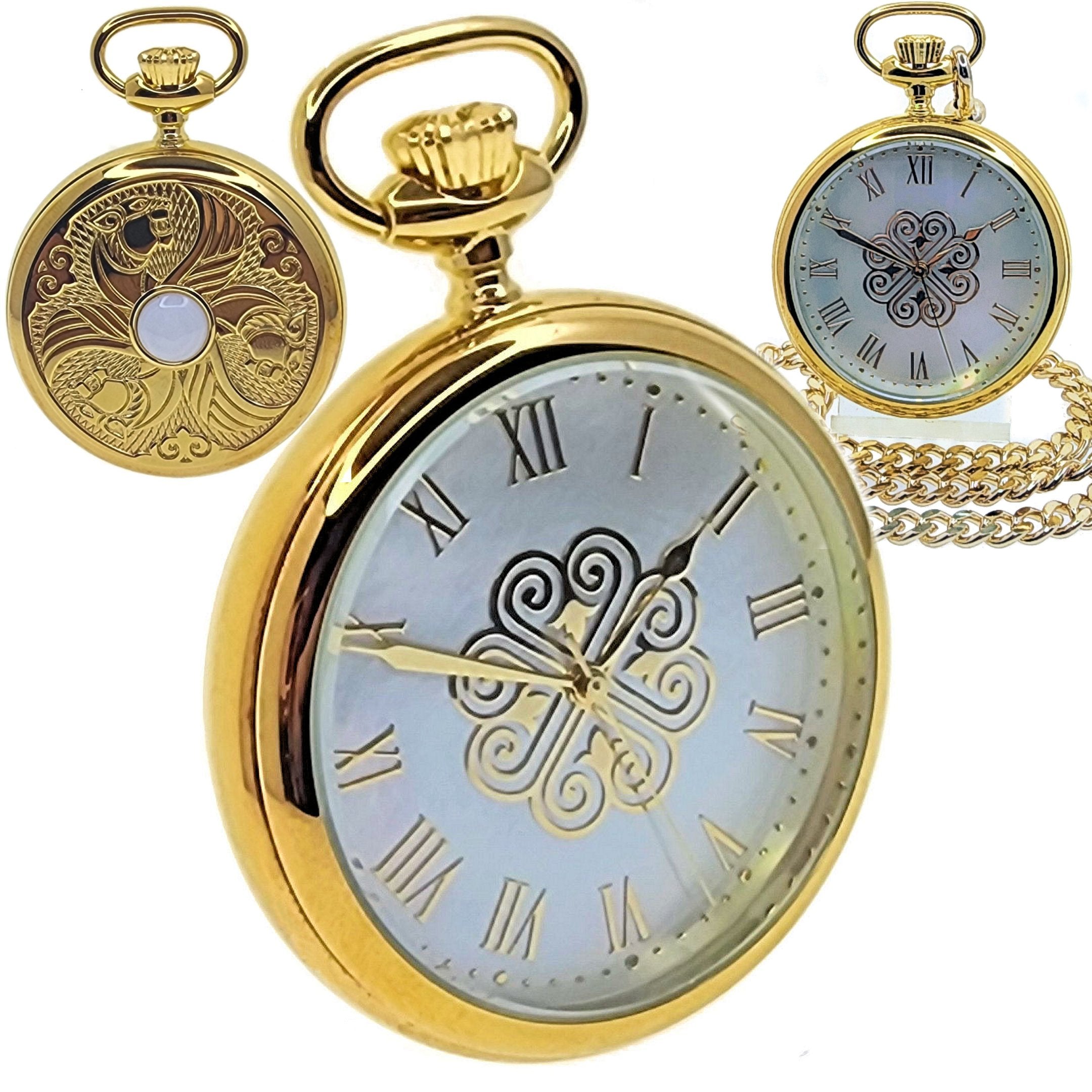 Gold Pocket Watch with MOP Dial and Embossed Tiger Case Back