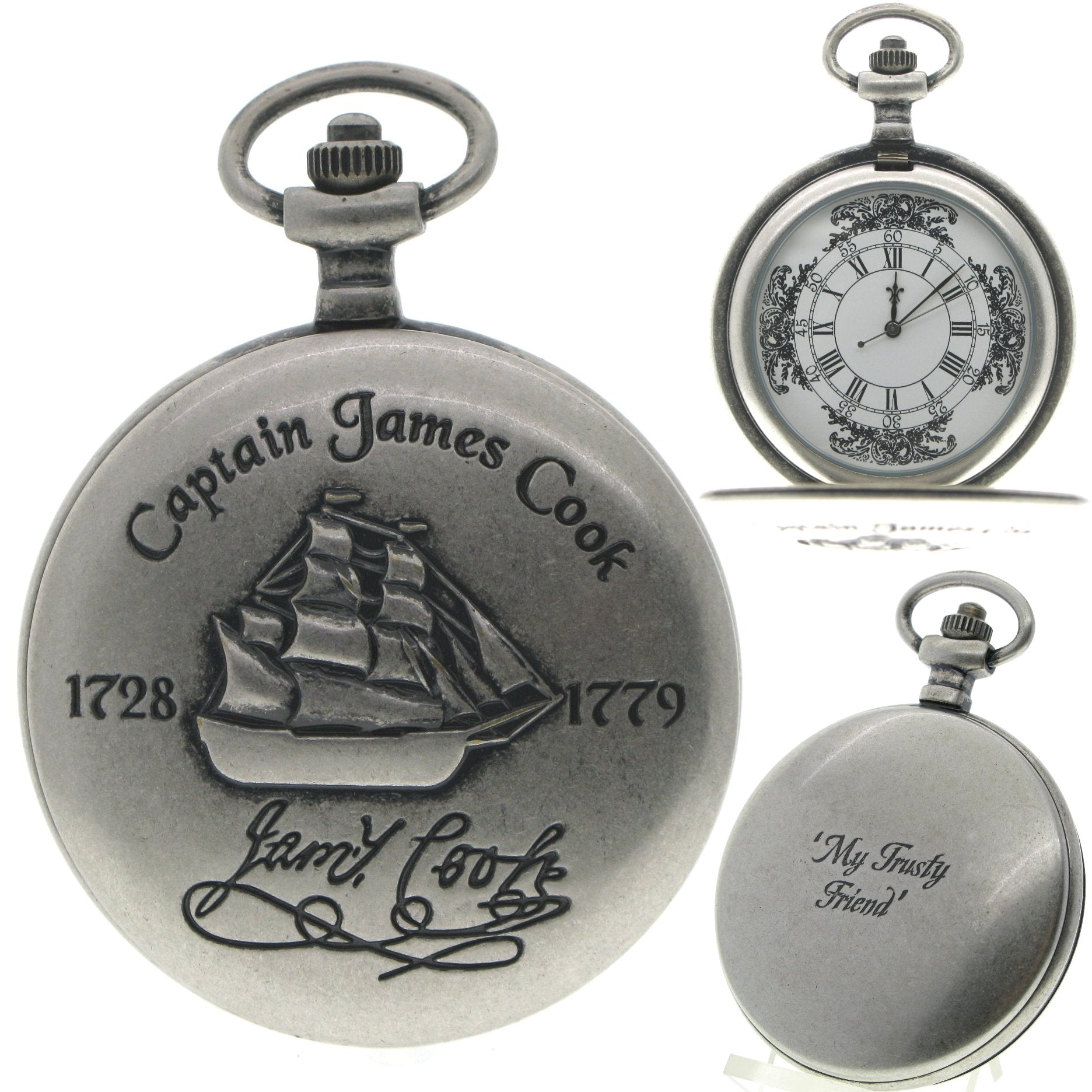 Captain James Cook 1728-1779 Memorial Silver Color Pocket Watch Men Gift Set with Fob Chain C62