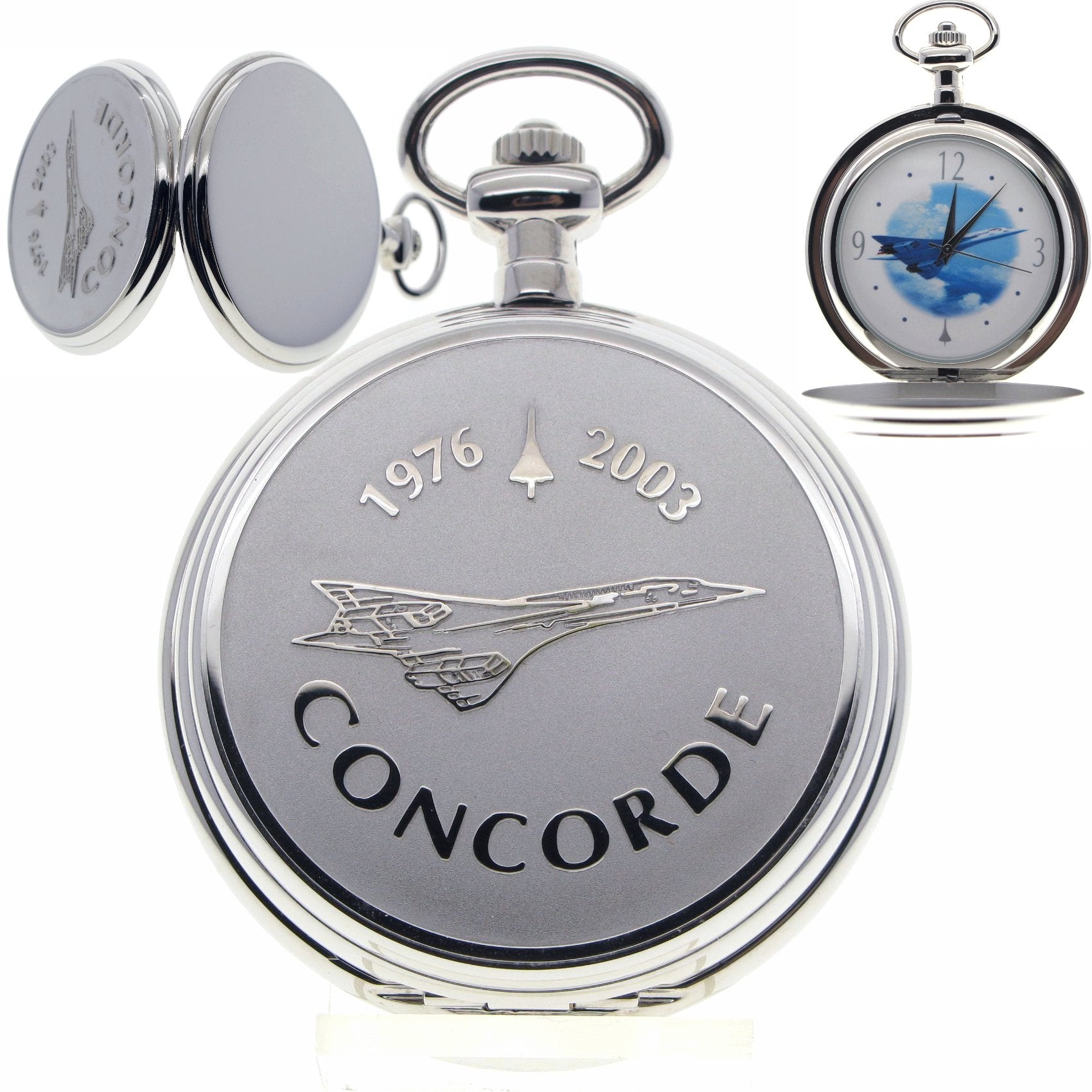 Silver Pocket Watch with CONCORDE Airliner engraving case cover