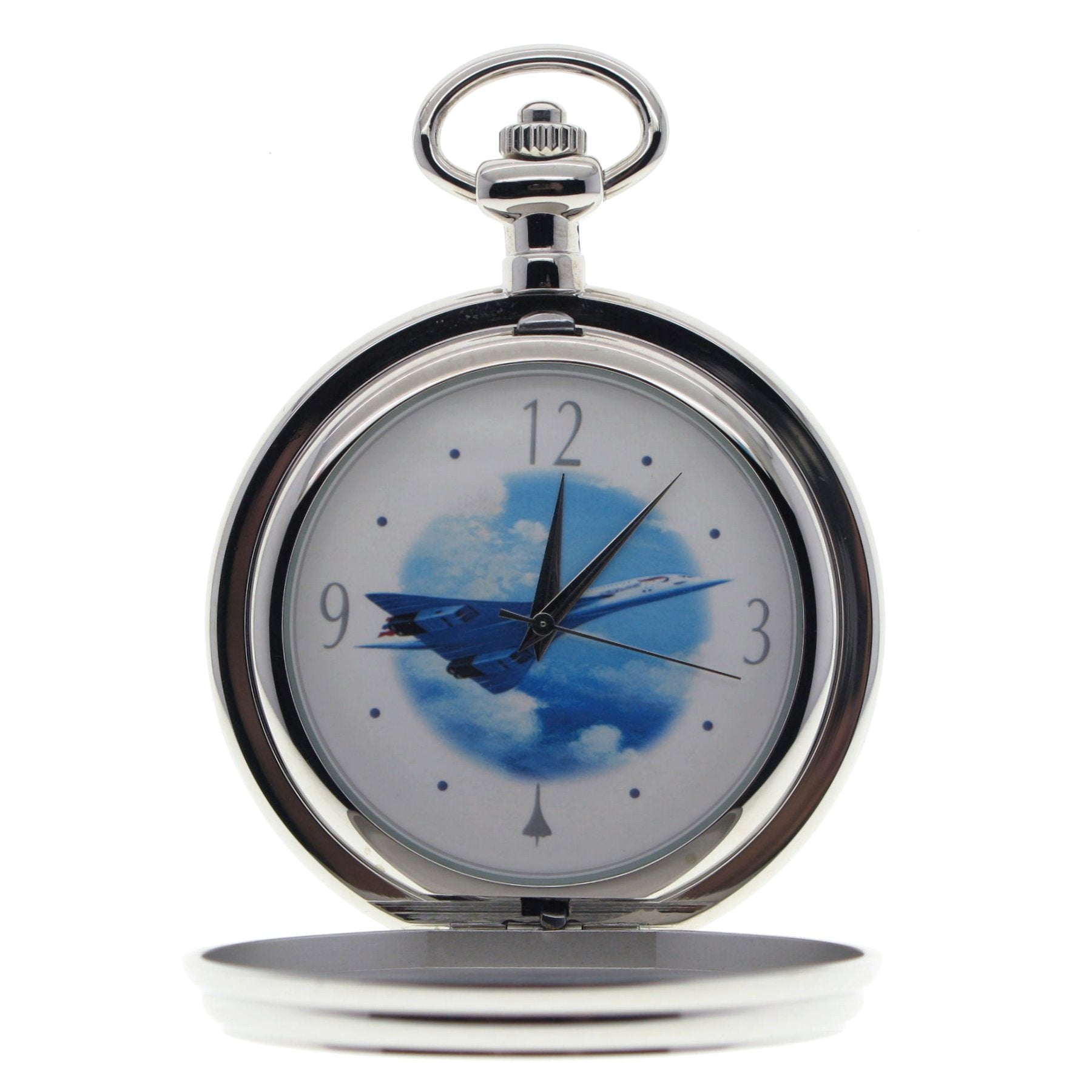 Silver Pocket Watch with Concorde Airliner Photo Dial
