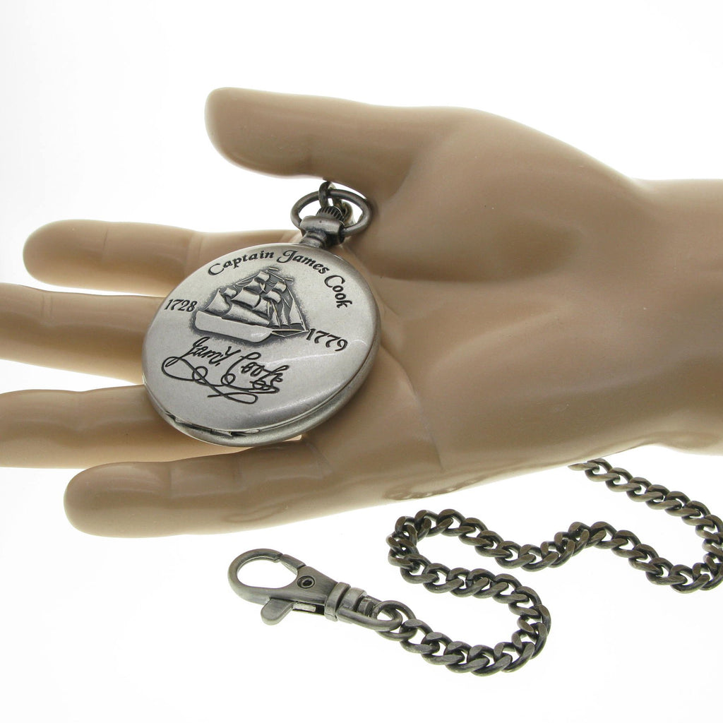 Captain James Cook 1728-1779 Memorial Silver Color Pocket Watch Men Gift Set with Fob Chain C62
