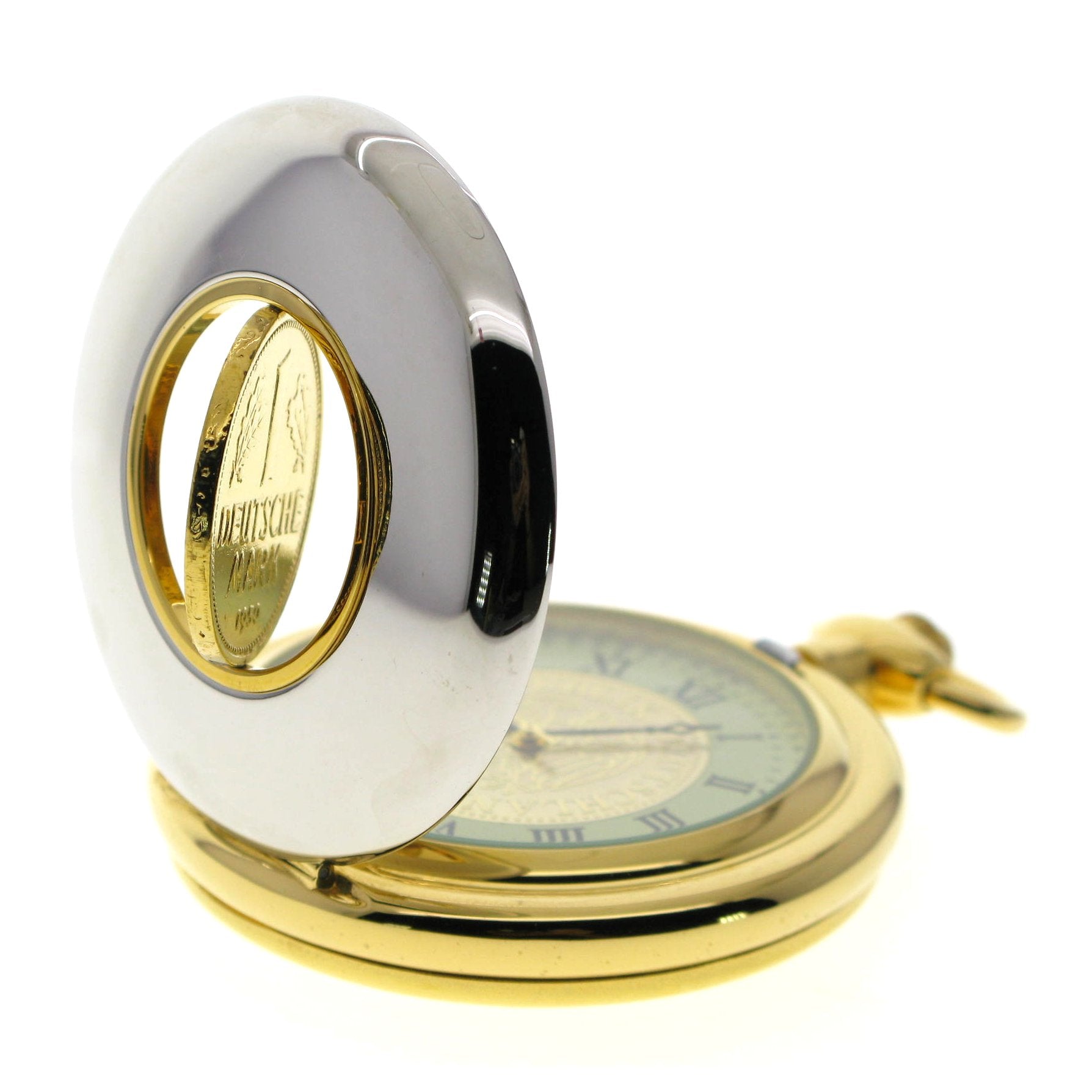 German DM Coin Pocket Watch with rotating coin on case cover