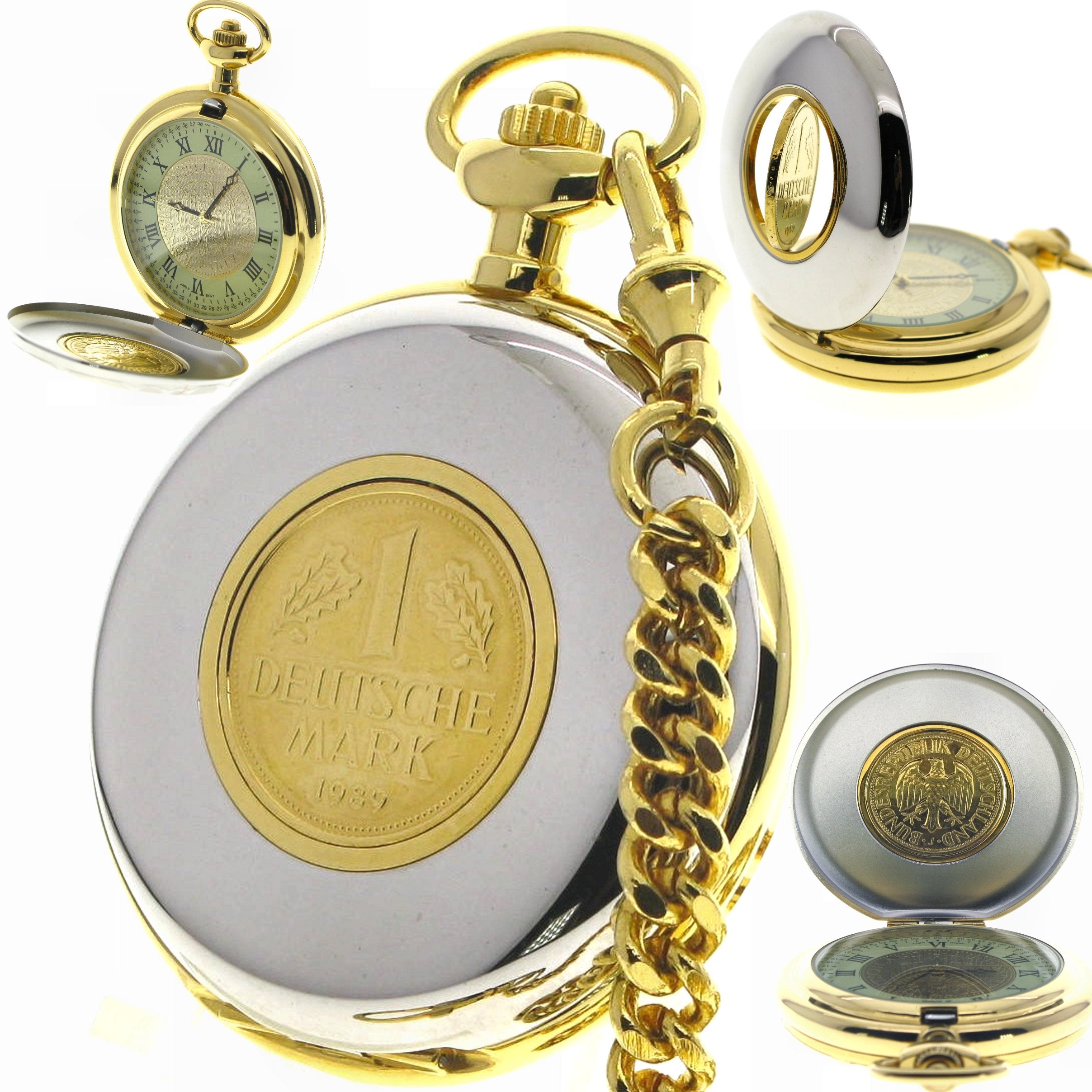 German Deutsche Mark Coin Pocket Watch with Rotating DM Coin