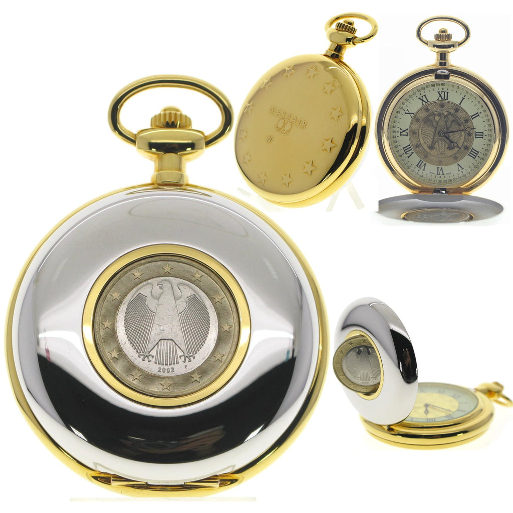 Coin Pocket Watch with Rotating Euro Coin on case cover