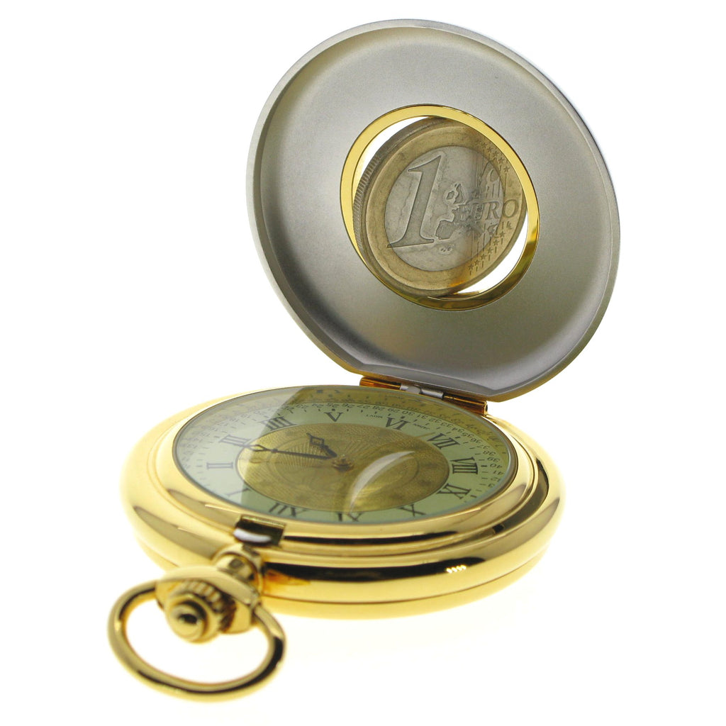 Euro Coin Pocket Watch with Rotating Coin on Cover