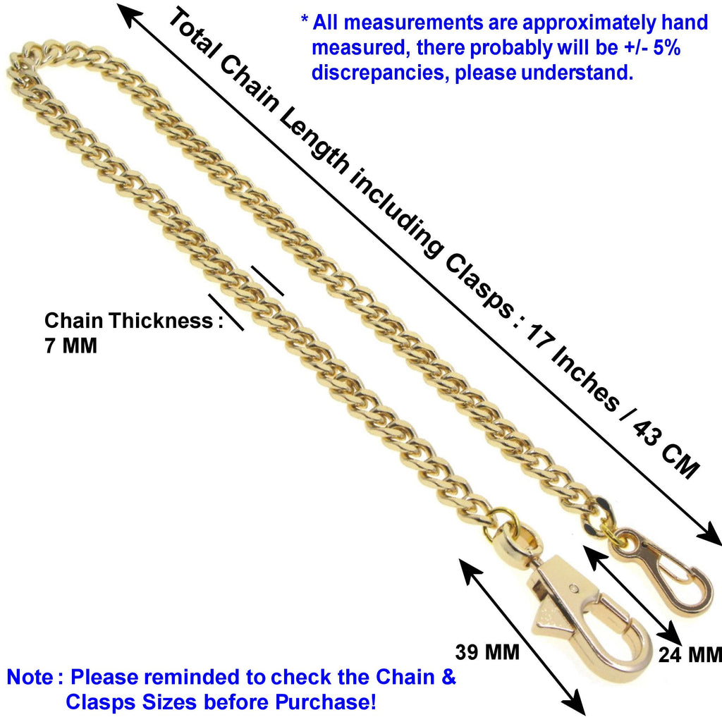 Gold Color Pocket Watch Chain with Heavy 7 MM Curb Link Chain & Swivel Lobster Clasp FC68