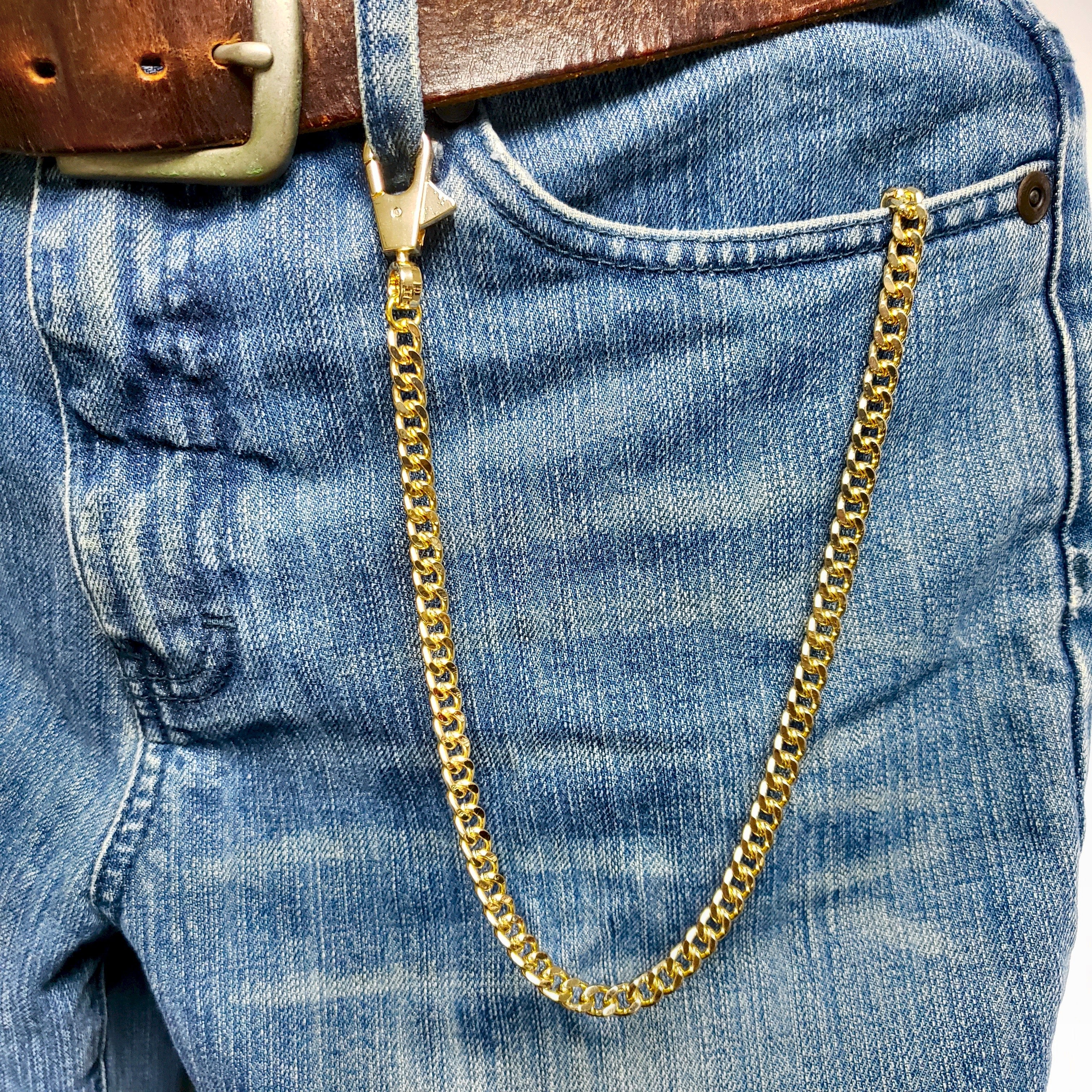 Gold Color Pocket Watch Chain with Heavy 7 MM Curb Link Chain & Swivel Lobster Clasp FC68