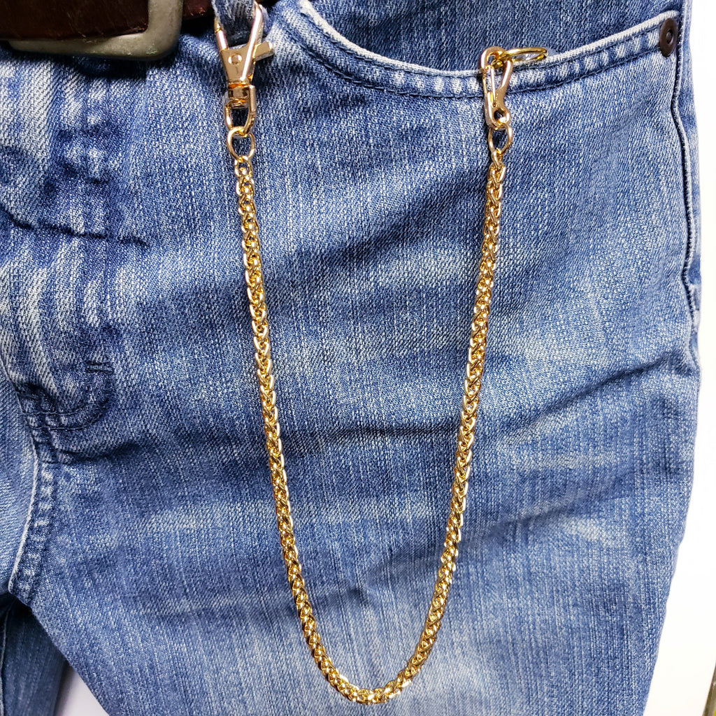 Gold Color Pocket Watch Chain With Spiga Wheat Chain & Swivel Lobster Clasp FC78
