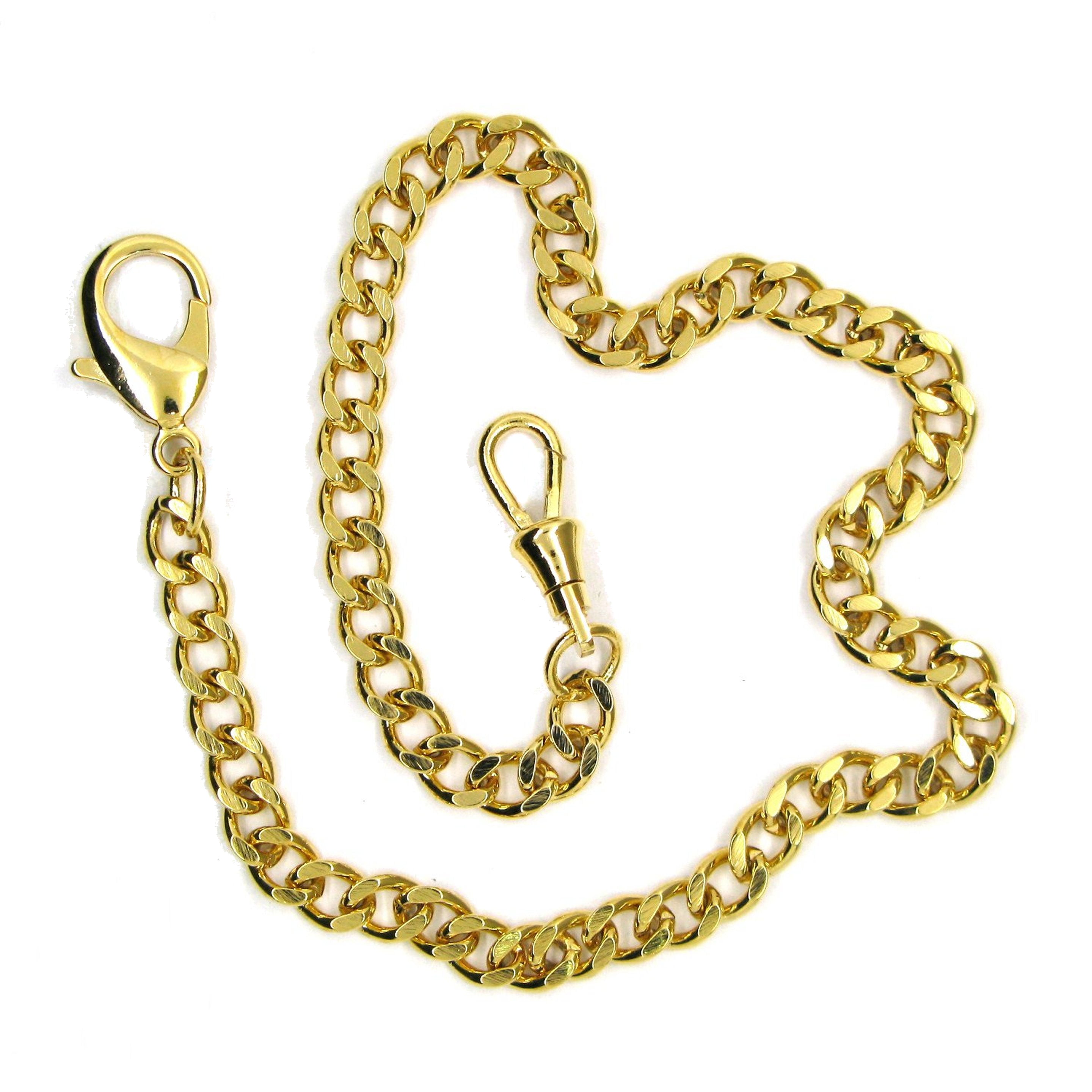 Gold Color Pocket Watch Chain with Lobster Clasp & Albert Swivel Clasp FC04