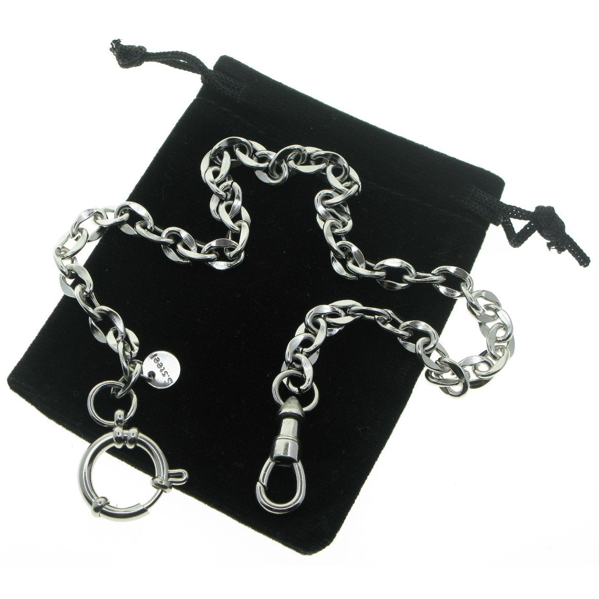 Stainless Steel Pocket Watch Chain Albert Chain with Steel Cable Chain, Steel Albert Swivel Clasp, Steel Spring Ring Clasp FCS66