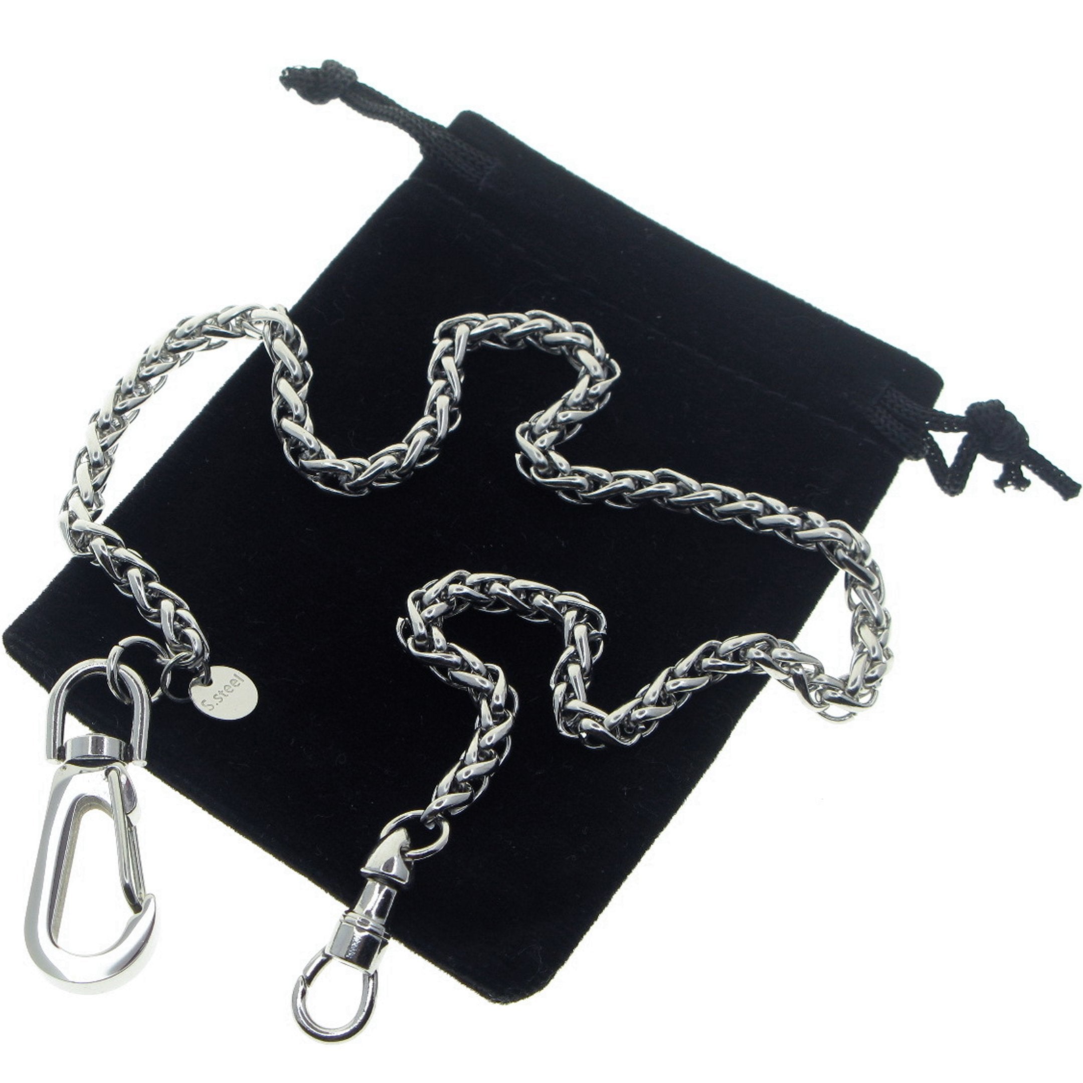 watchvshop Stainless Steel Pocket Watch Chain Albert Chain with Steel Spiga Wheat Chain, Steel Albert Swivel Clasp, Steel Big Swivel Clasp FCS70