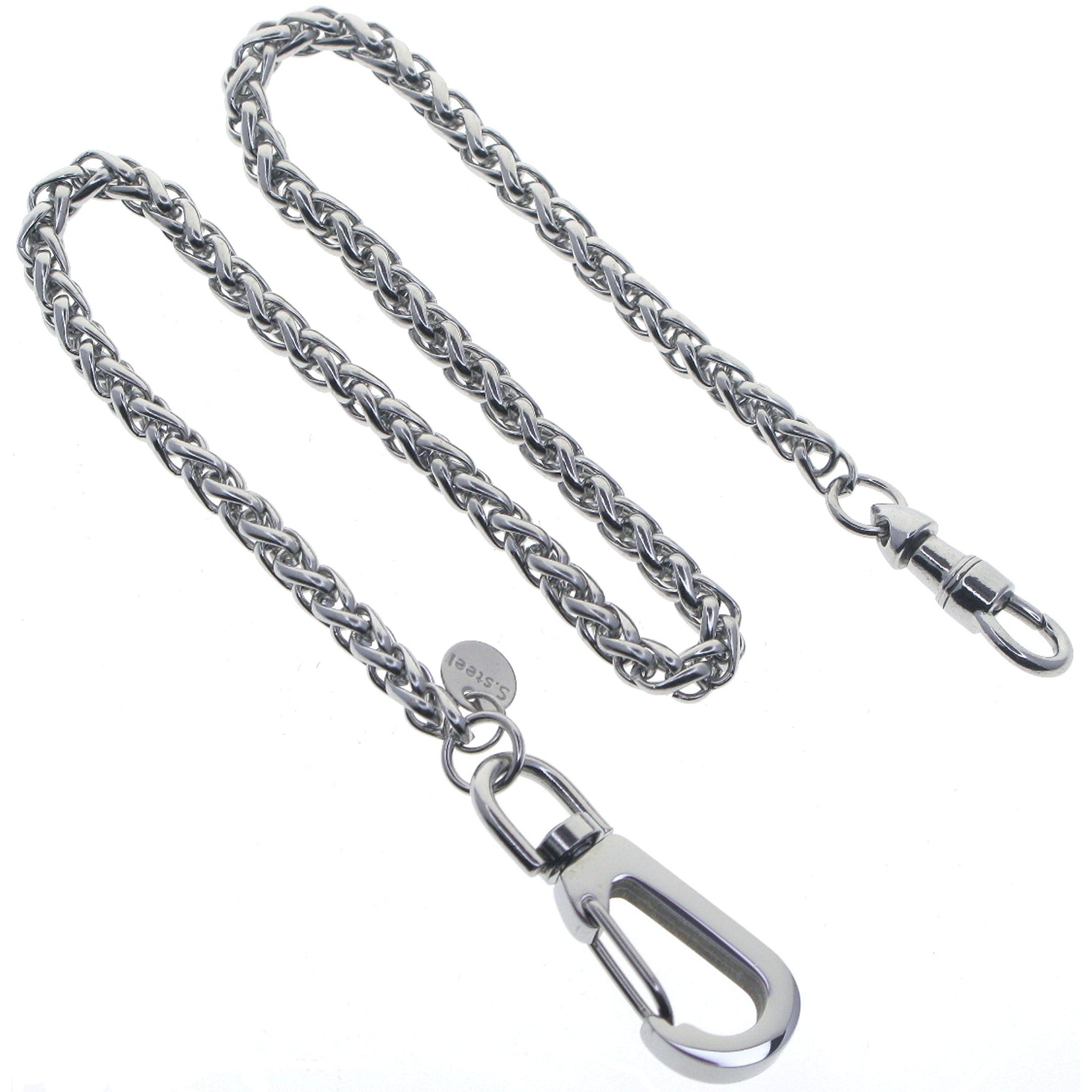 watchvshop Stainless Steel Pocket Watch Chain Albert Chain with Steel Spiga Wheat Chain, Steel Albert Swivel Clasp, Steel Big Swivel Clasp FCS70