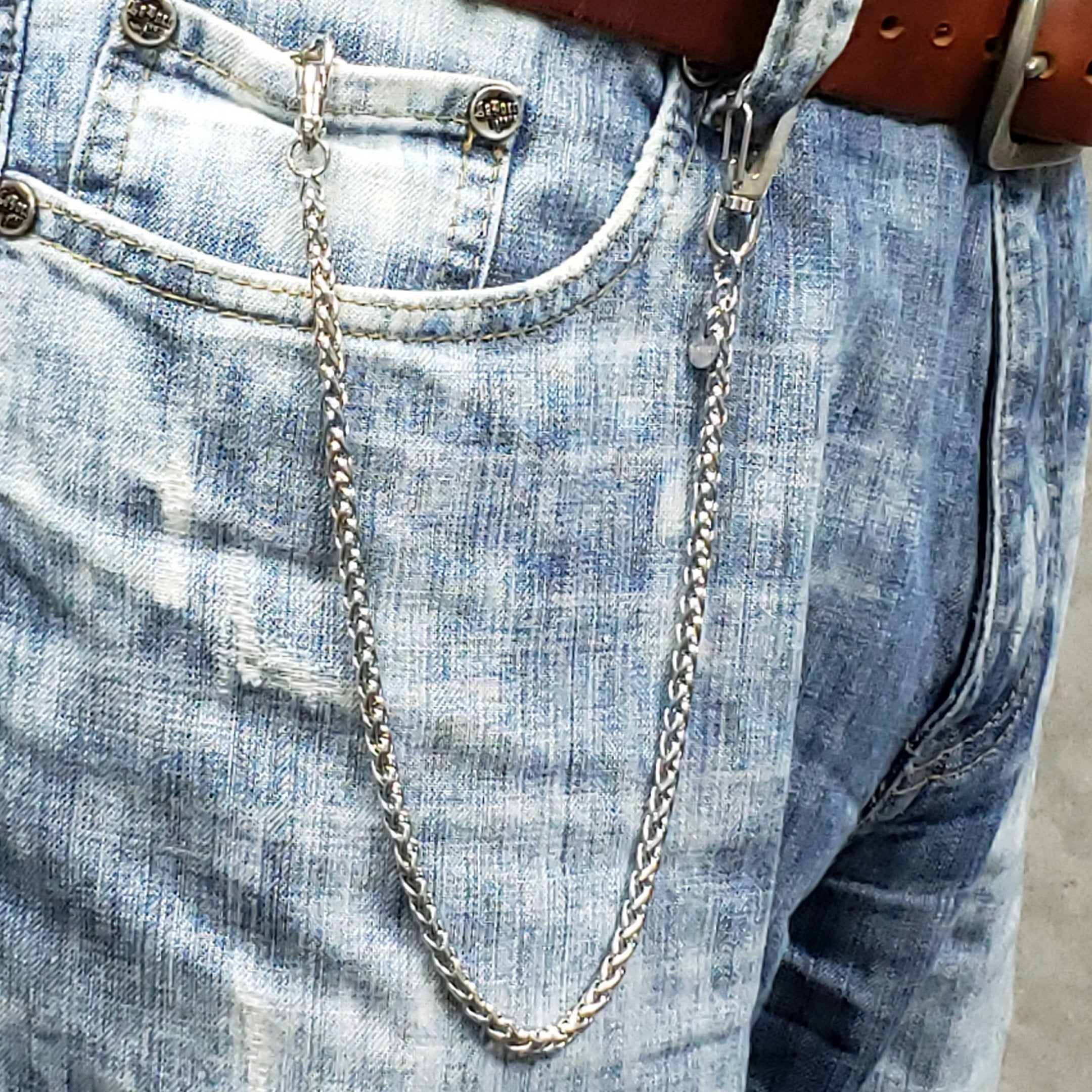 watchvshop Stainless Steel Pocket Watch Chain Albert Chain with Steel Spiga Wheat Chain, Steel Albert Swivel Clasp, Steel Big Swivel Clasp FCS70