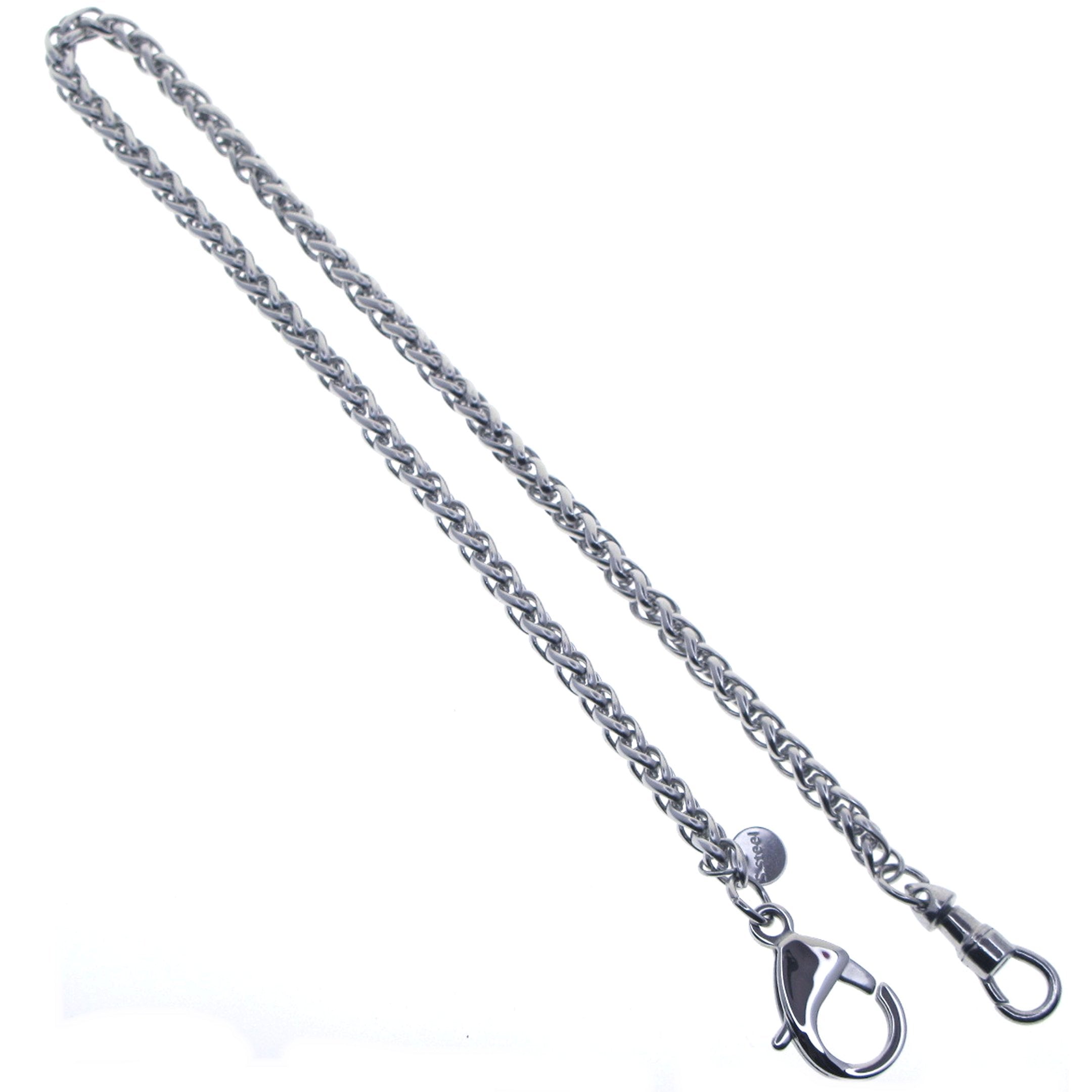 watchvshop, Stainless Steel Pocket Watch Chain Albert Chain with Steel Wheat Spiga Chain, Steel Albert Swivel Clasp, Steel Lobster Clasp FCS71