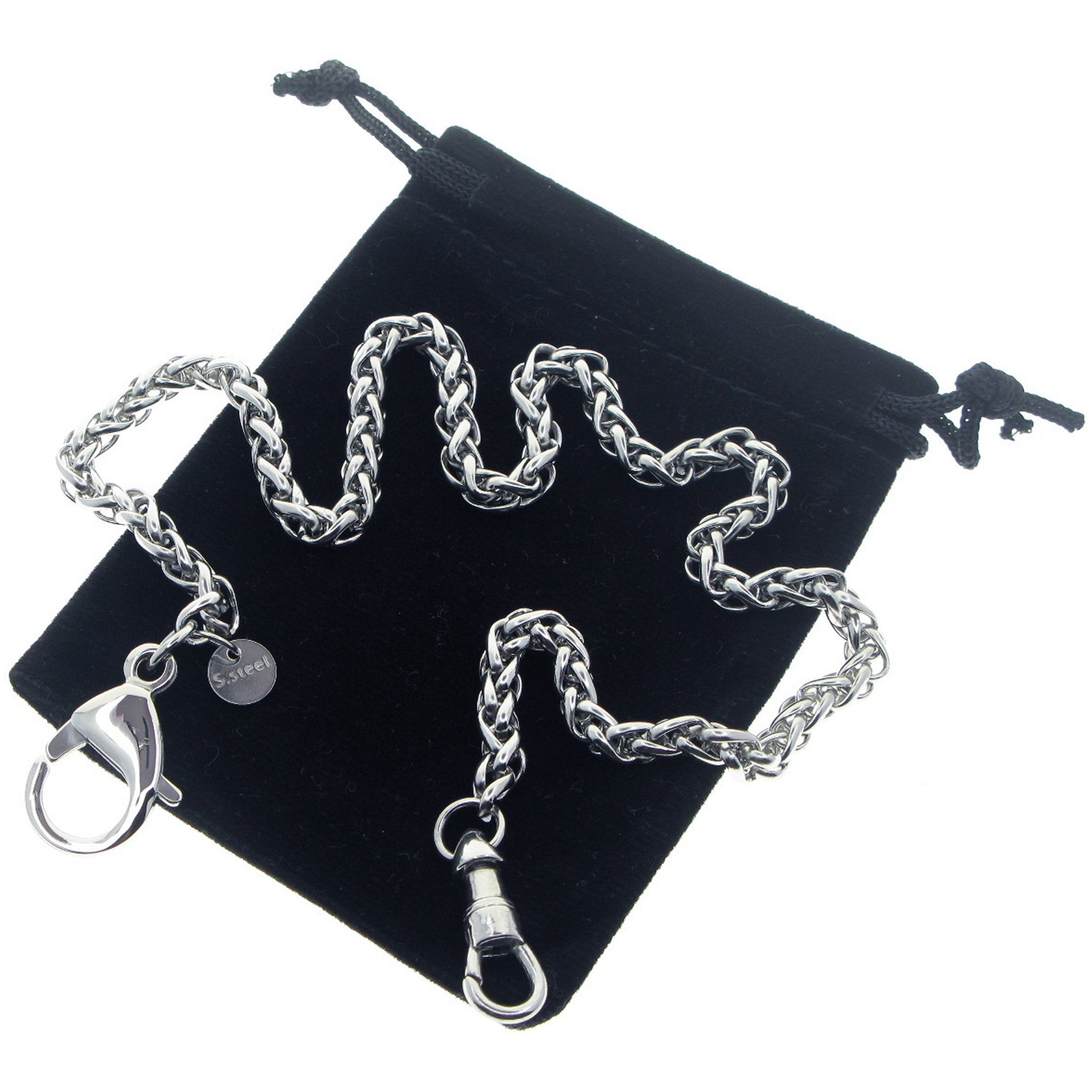 watchvshop, Stainless Steel Pocket Watch Chain Albert Chain with Steel Wheat Spiga Chain, Steel Albert Swivel Clasp, Steel Lobster Clasp FCS71